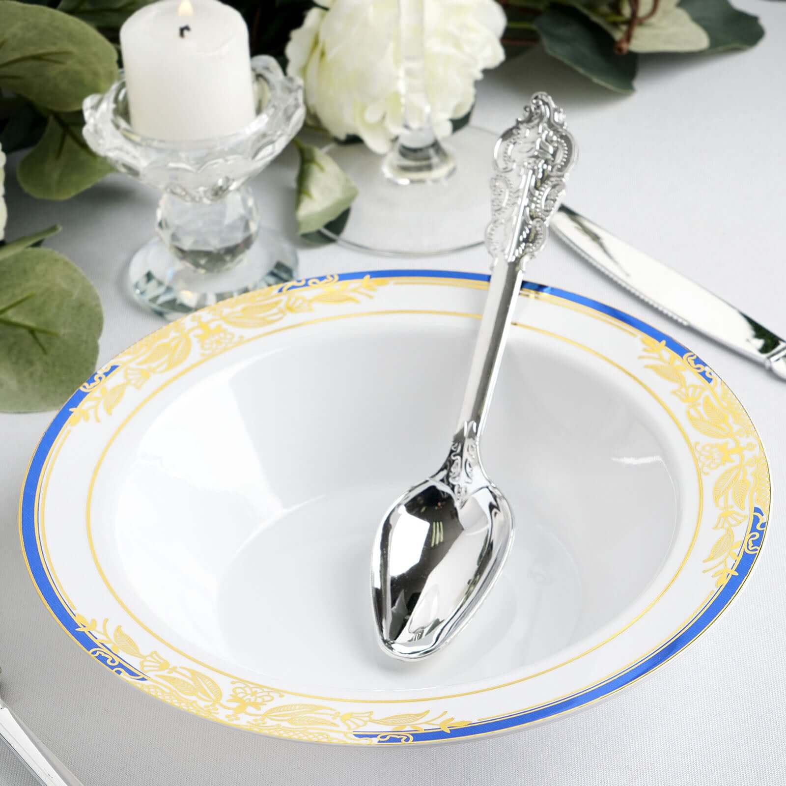 10-Pack Plastic Round Soup Bowl in White with Gold Vine & Royal Blue Rim - Sturdy Disposable Salad Dessert Bowls for Catering & Events 12oz