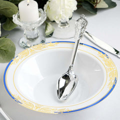 10-Pack Plastic Round Soup Bowl in White with Gold Vine & Royal Blue Rim - Sturdy Disposable Salad Dessert Bowls for Catering & Events 12oz