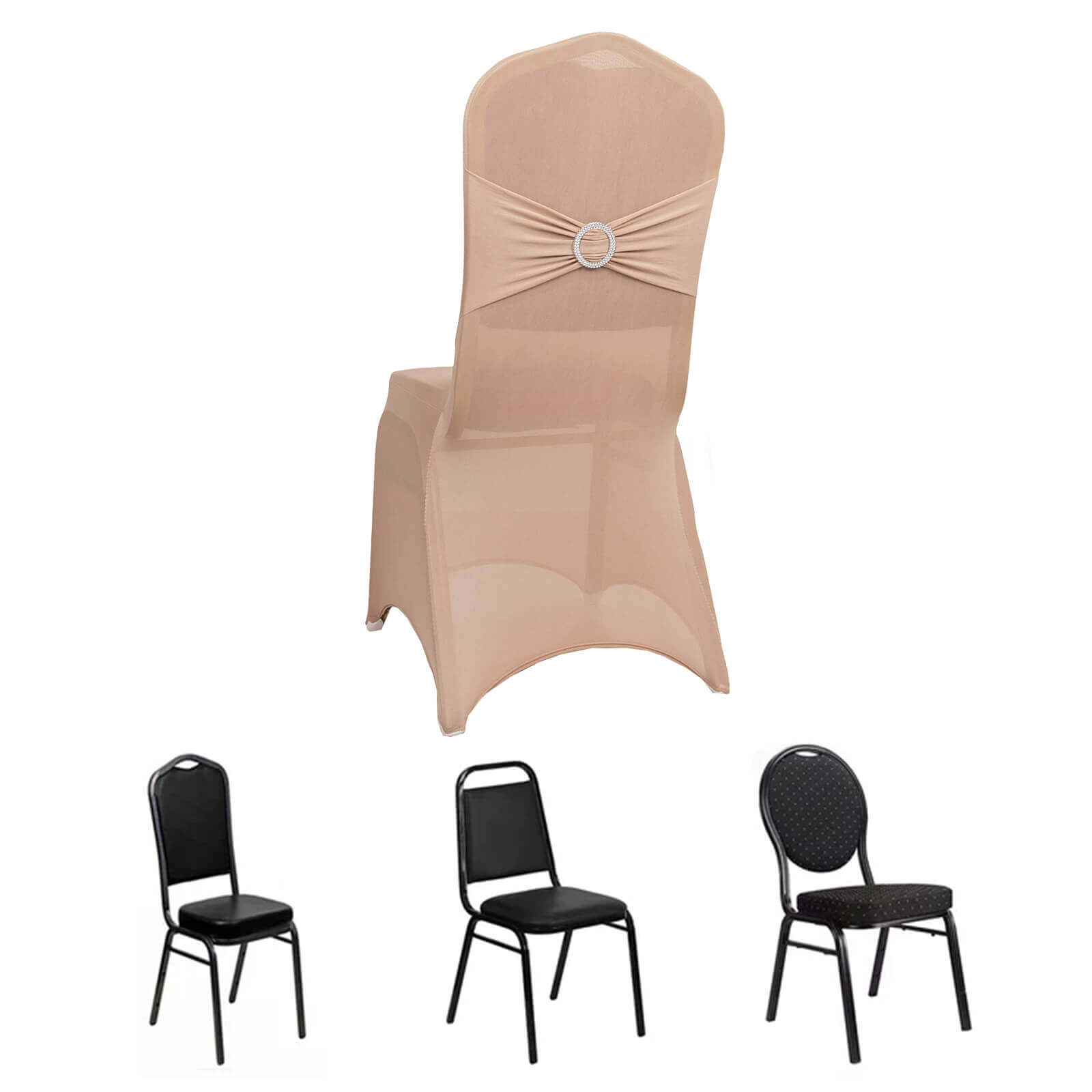 Spandex Chair Cover with Nude Rhinestone Buckled Sash Band Blush - Stretch Fitted Slipcover