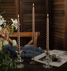 12-Pack Taper Candles Spiral Long Burn Wick Design Matte Rose Gold - Premium Unscented Wax Dinner Candle Sticks 11"