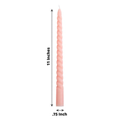 12-Pack Taper Candles Spiral Long Burn Wick Design Blush - Premium Unscented Wax Dinner Candle Sticks 11"