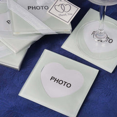 2 Pack 3" Heart Shaped Picture Frame Party Favors, Square Glass Coasters, Gift Wrapped With Thank You Tag