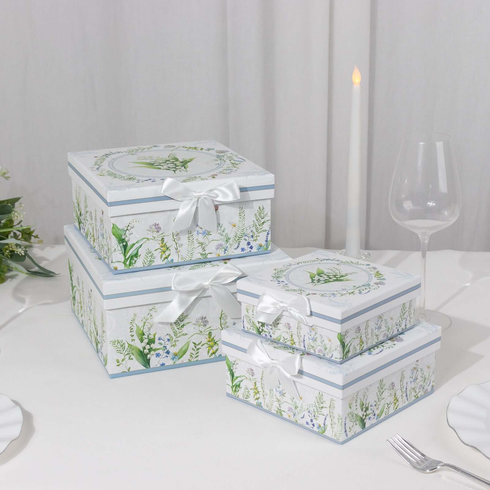 Set of 4 Cardstock Round Nesting Gift Boxes White Green Floral Design - Decorative Heavy Duty Stackable Keepsake Boxes With Lids for Presents Storage & Pedestal Stand 5",7",8",9"