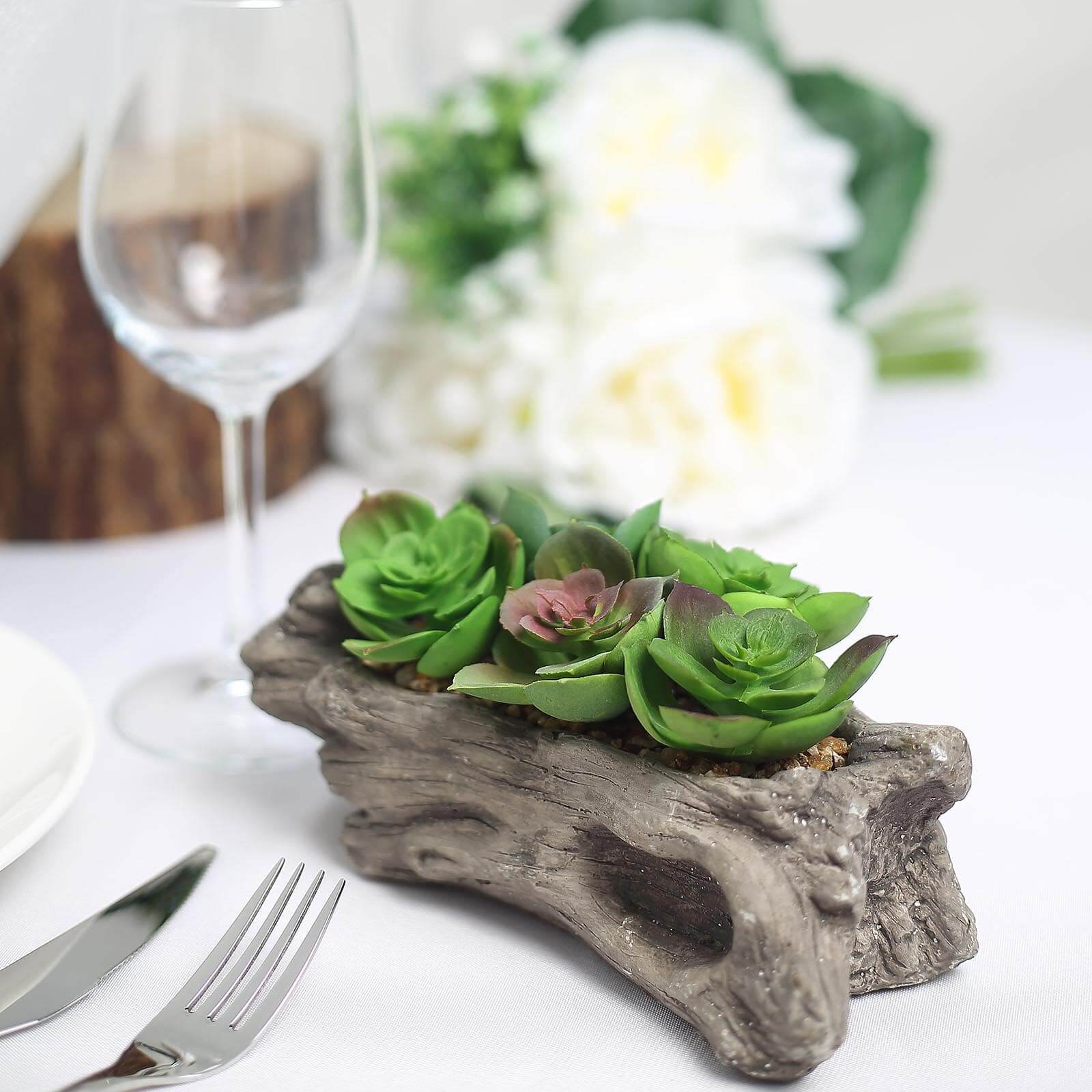 Perle Von Nurnberg Artificial Succulents Arrangements in 7" Log Planter - Lifelike Faux Plant for Stylish Home Bathroom Tabletop Indoor Outdoor Greenery Decor