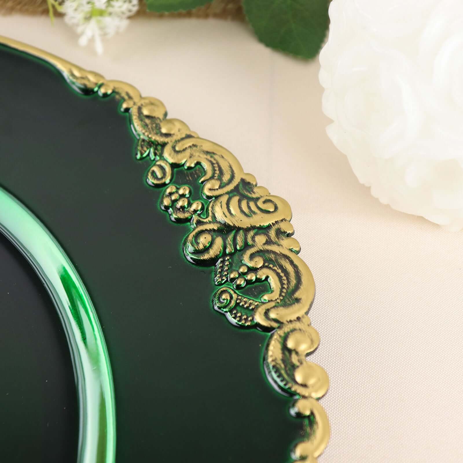 6-Pack Acrylic Round Charger Plates 13" in Hunter Emerald Green with Gold Embossed Baroque Rim, Antique Decorative Dinner Party Charger Tableware