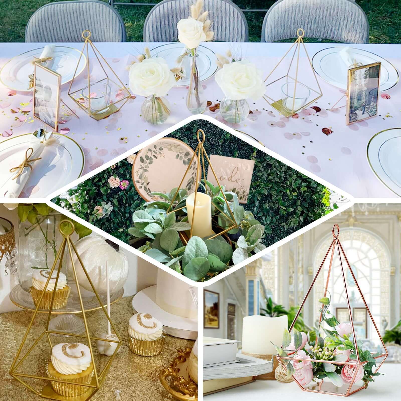 2-Pack Tealight Candle Holders Rose Gold Metal Pyramid Geometric Open Frame - Flower Stand 9"