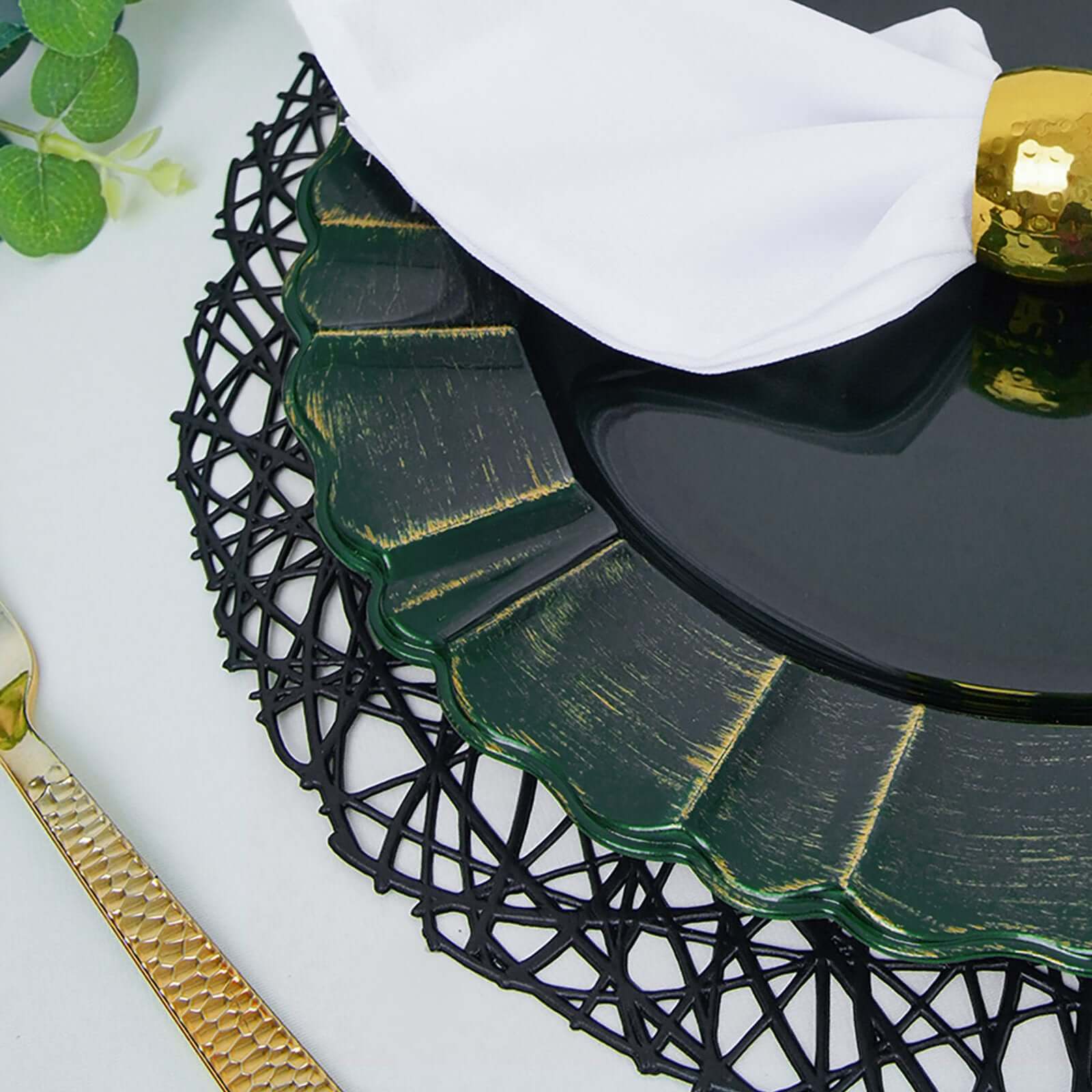6-Pack Acrylic Plastic Round Charger Plates 13" in Hunter Emerald Green with Gold Brushed Wavy Scalloped Rim, Decorative Dinner Party Charger Tableware