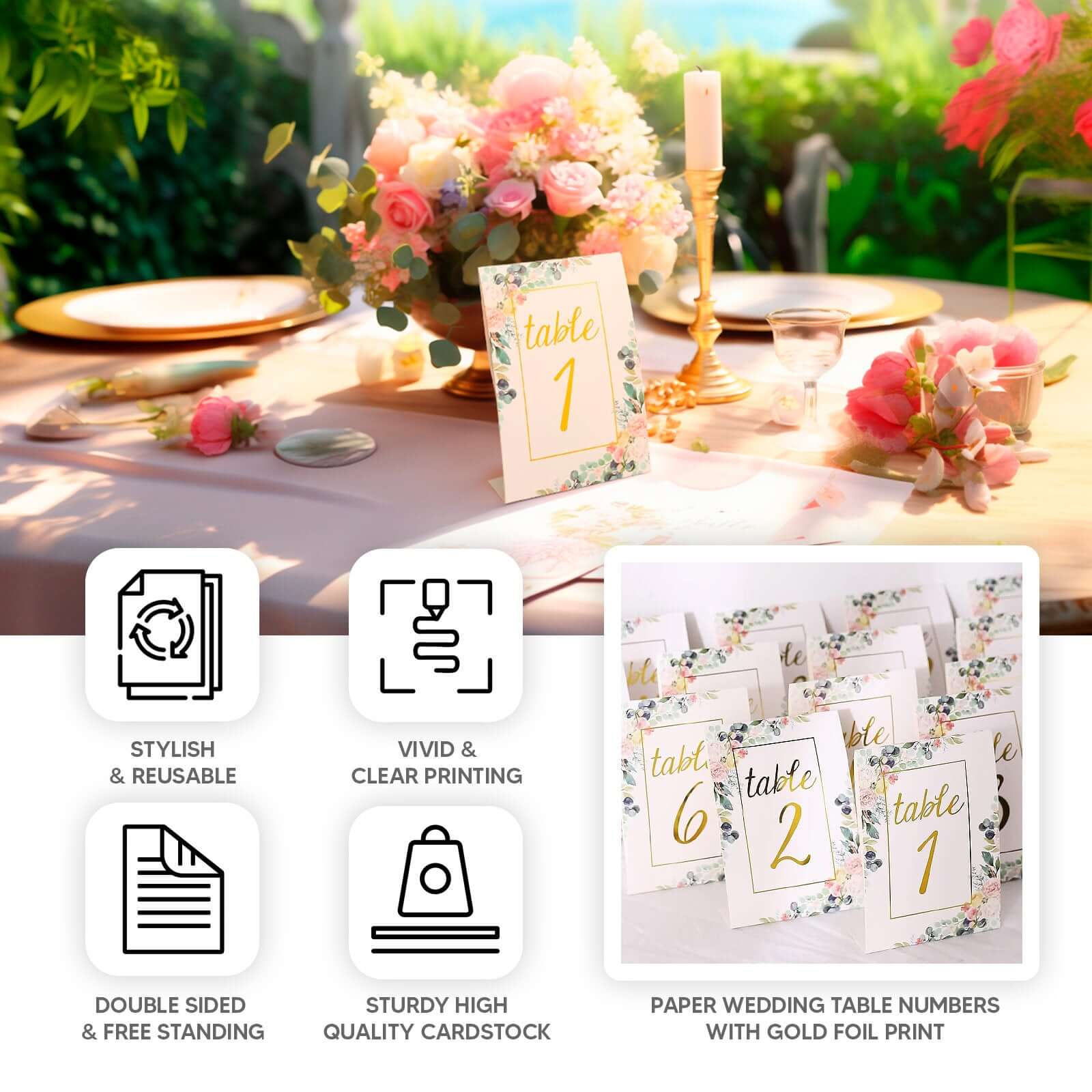 25-Pack Paper Wedding Table Numbers 1-25 White Peony Flower Design - Free Standing Double Sided Table Signs with Glam Gold Foil Numbers 7"