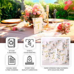 25-Pack Paper Wedding Table Numbers 1-25 White Peony Flower Design - Free Standing Double Sided Table Signs with Glam Gold Foil Numbers 7"