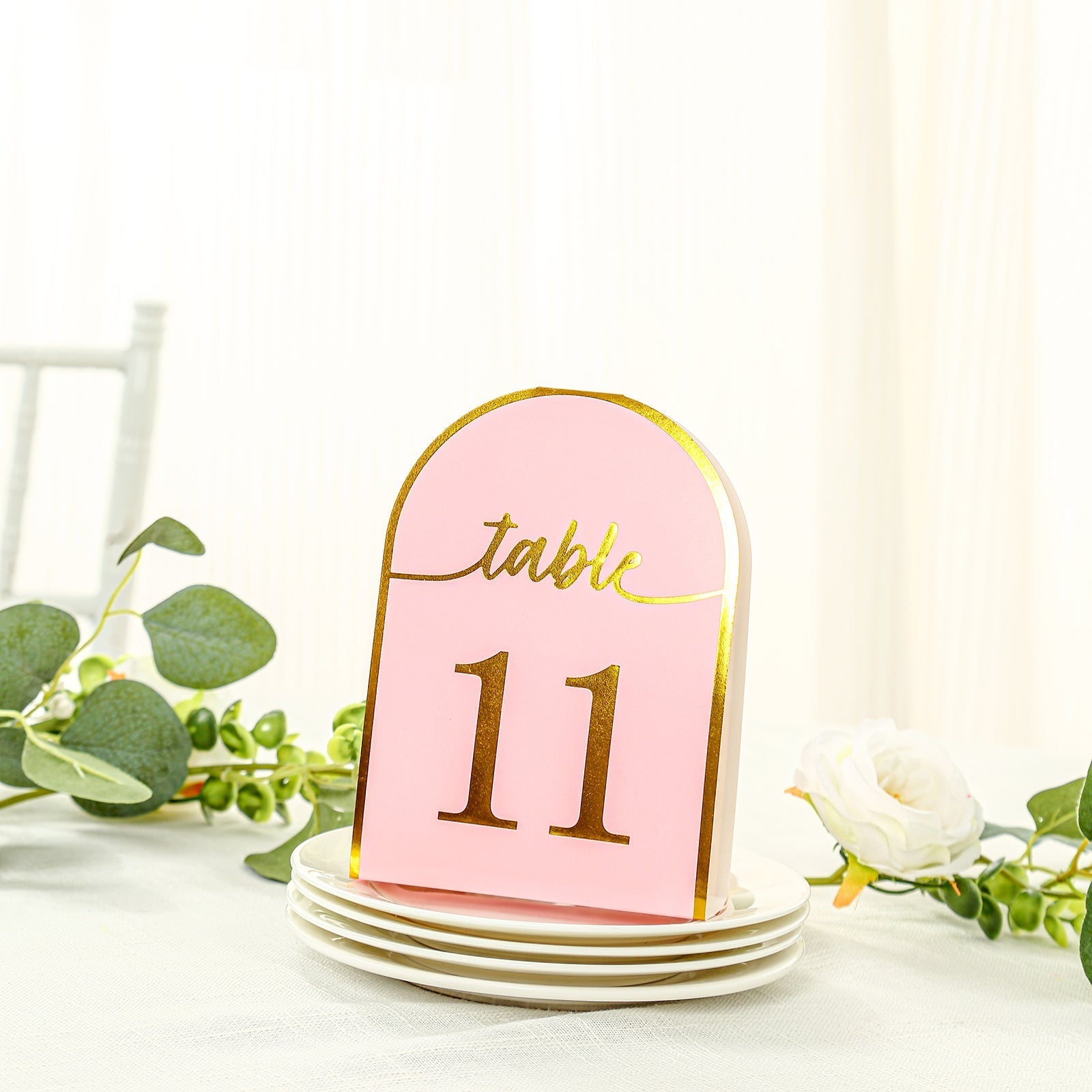 25-Pack Paper Wedding Table Numbers 1-25 Blush Arch Cutout Design - Sleek & Modern Free Standing Double Sided Table Tent Cards with Metallic Gold Foil Numbers 7"
