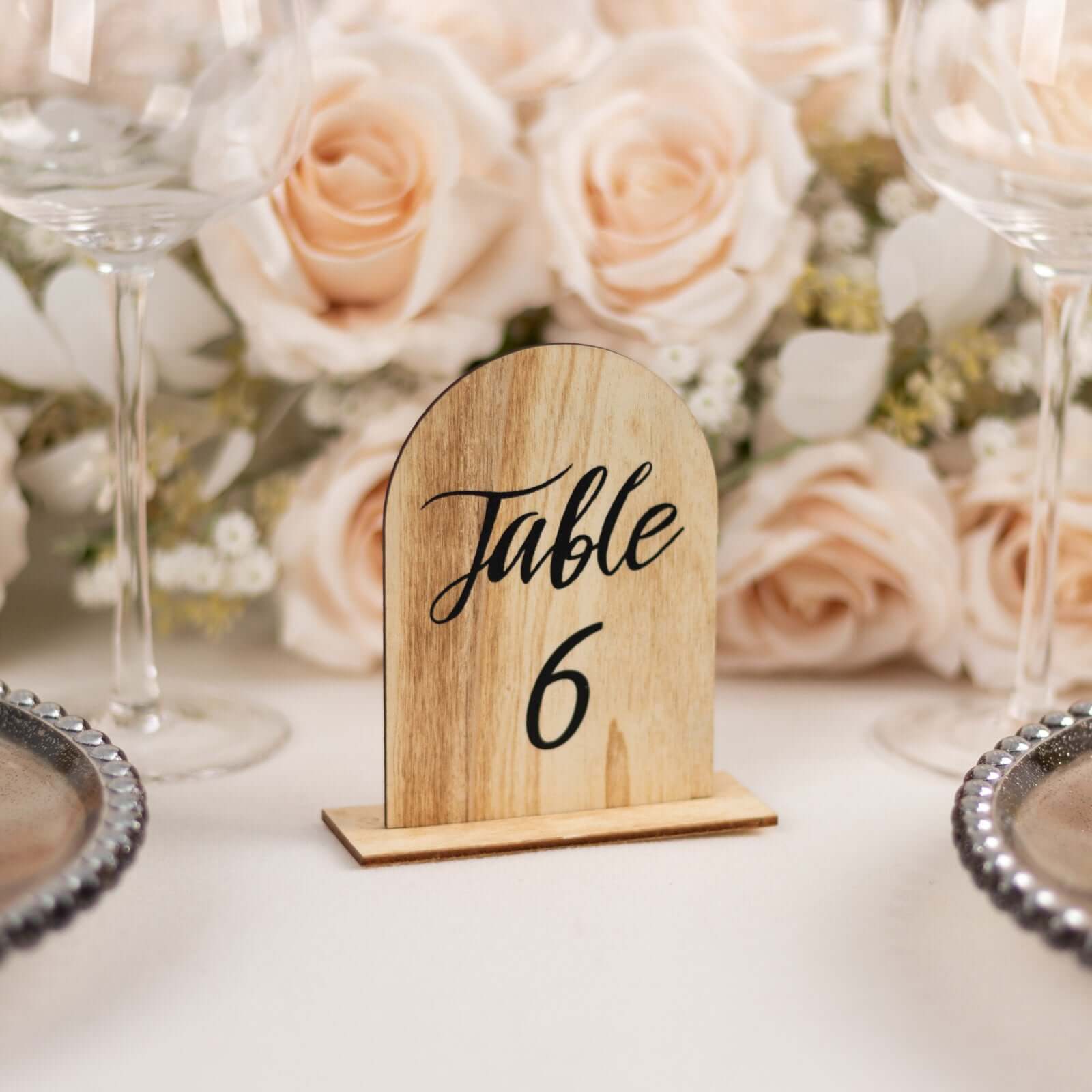 20-Pack Natural Wooden Table Numbers 1-20 Rustic Arch Design with Removable Base - Ideal for Banquets and Receptions 4.5"