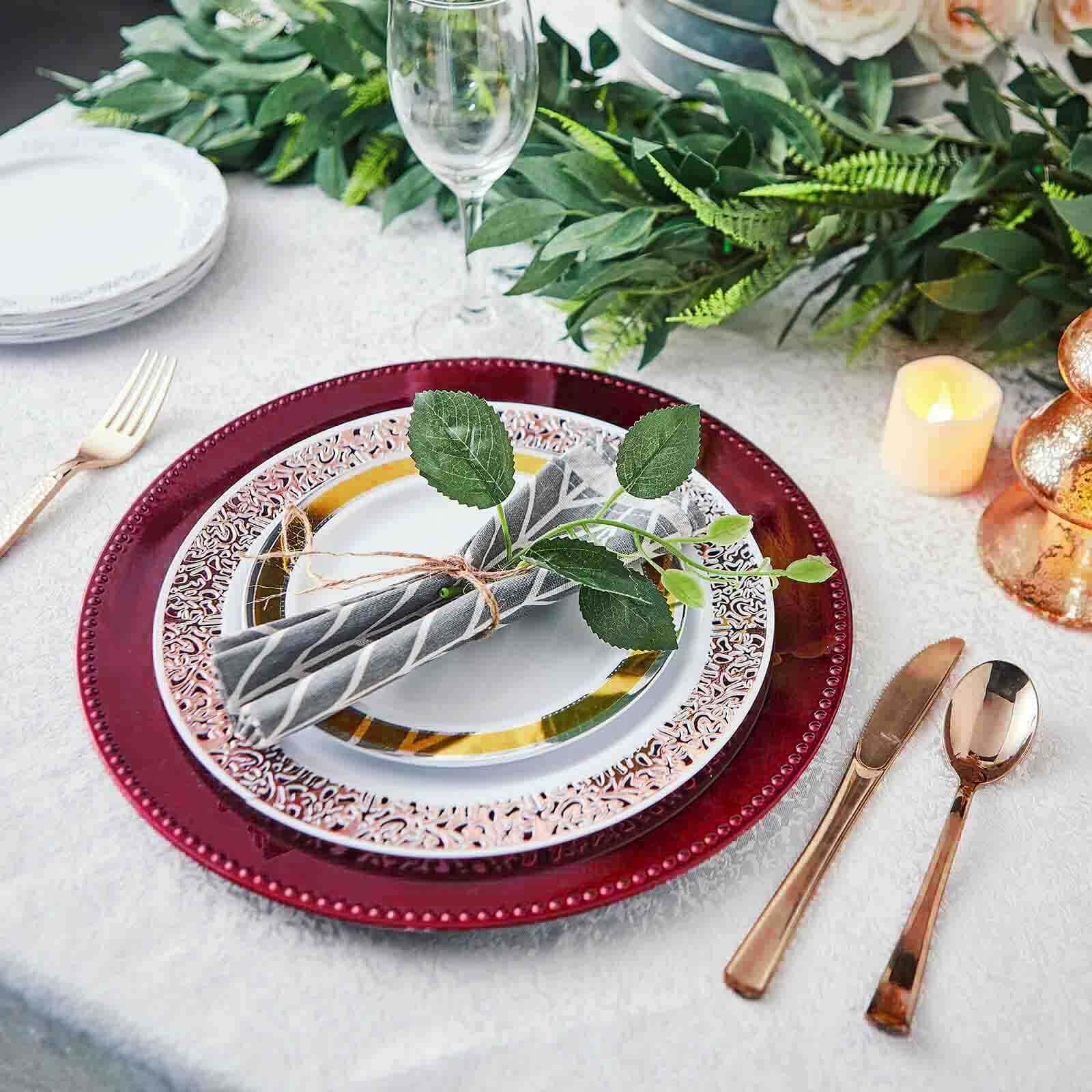 6-Pack Acrylic Round Charger Plates 13" in Burgundy with Beaded Rim, Dinner Charger Event Tabletop Decor