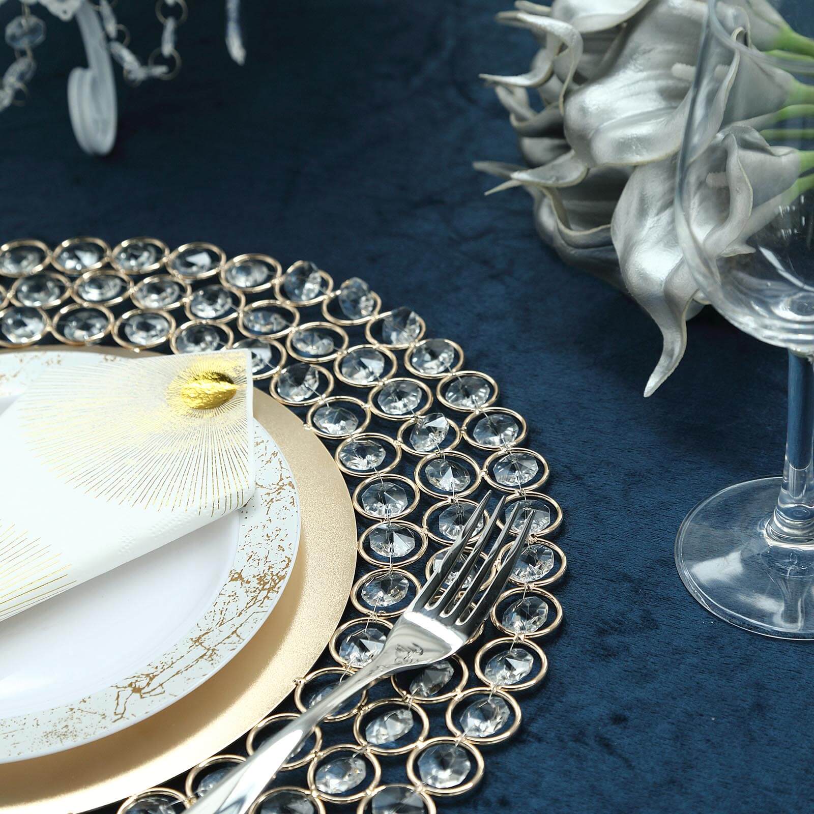 Wired Metal Round Charger Plate 14" in Gold with Acrylic Crystal Beads, Glamorous Decorative Dinner Charger Tableware