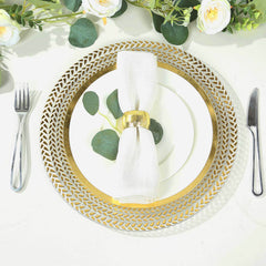 6-Pack Acrylic Round Charger Plates 13" in Clear with Gold Wheat Pattern Rim, Stylish Dinner Party Charger Tableware