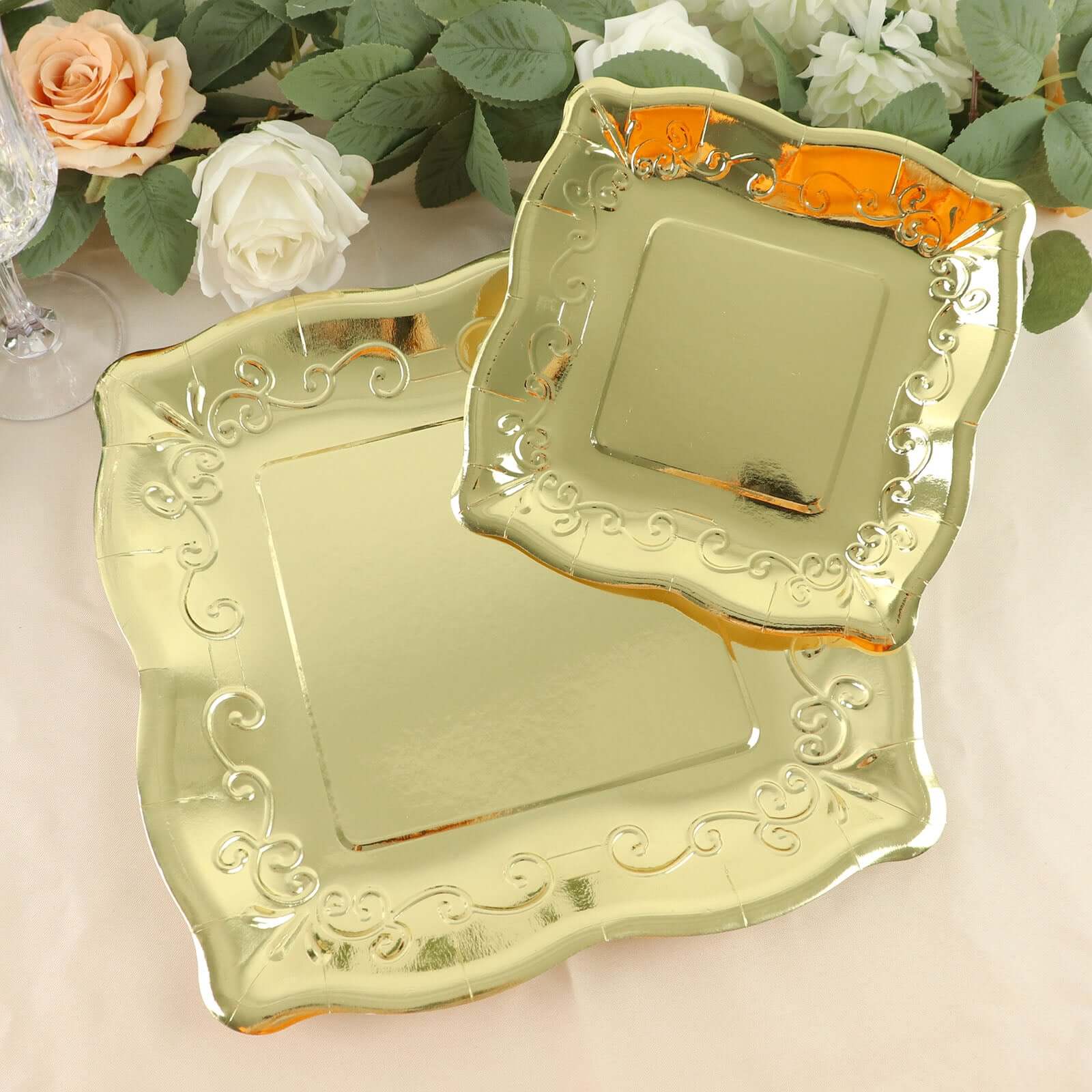 25-Pack Paper 7" Square Dessert Plates in Gold with Vintage Pottery Embossed Design - Shiny Metallic Disposable Appetizer Plates for Luxe Gatherings & Celebrations