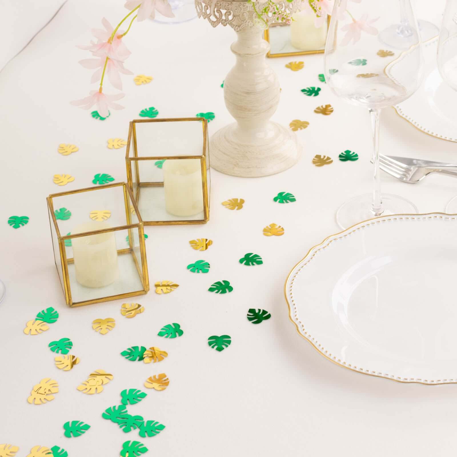15G Bag Tropical Palm Leaf Table Confetti, Shiny Monstera Metallic Green and Gold Vibrant Eye-Catching Design