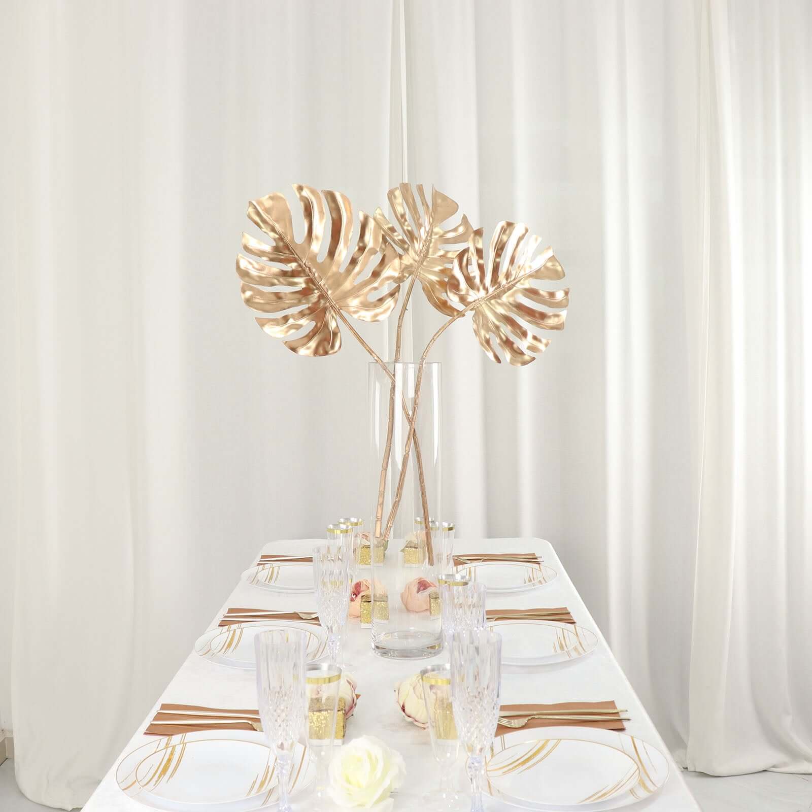 3 Pack 29" Metallic Gold Artificial Monstera Leaf Stems, Faux Palm Leaves, Tropical Floral Arrangements, Faux Plant Vase Filler