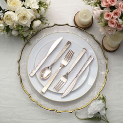 24-Pack Plastic Silverware Set with Hammered Design Rose Gold - Heavy Duty Disposable Utensils 7"