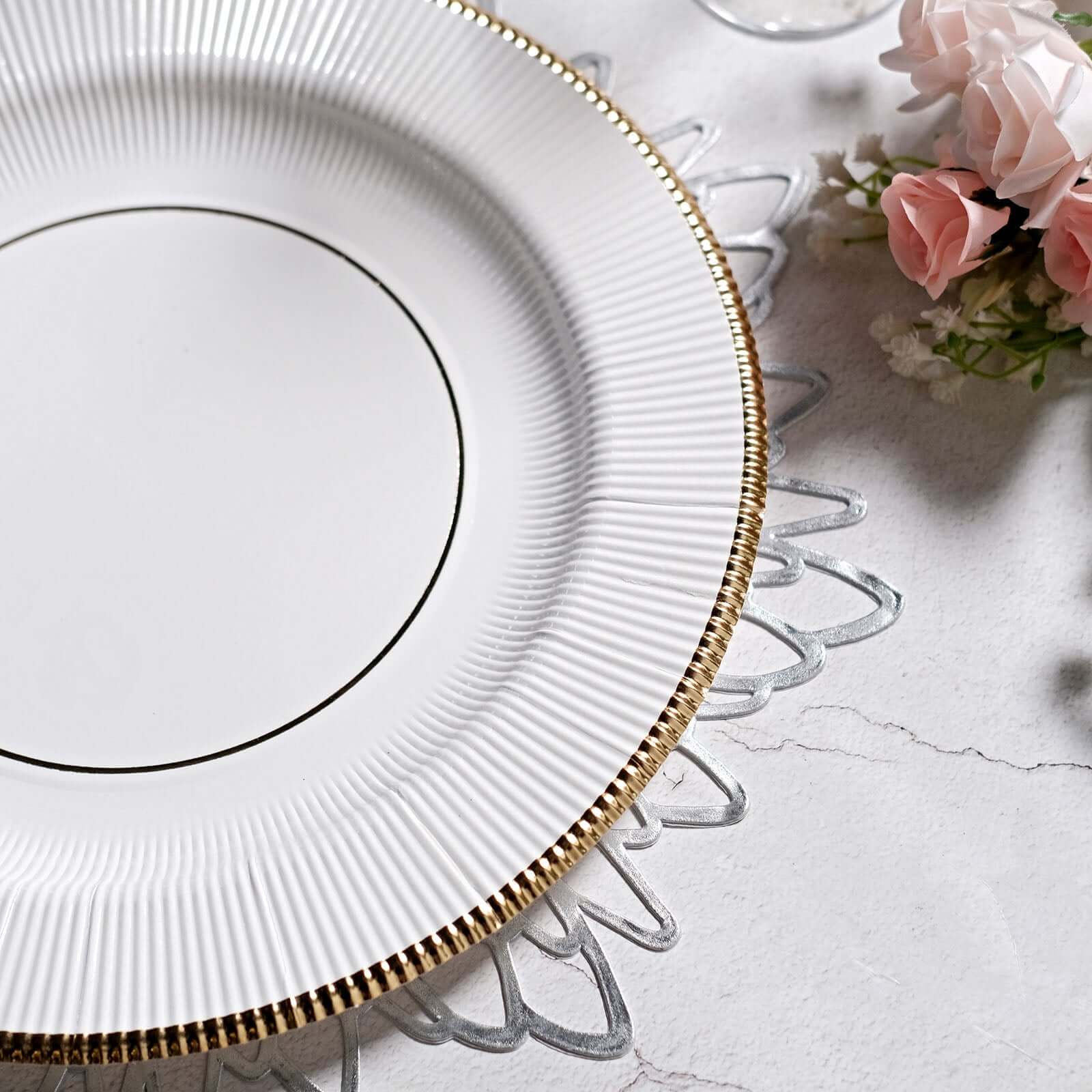 25-Pack Disposable Round Charger Plates in White Sunray Design with Gold Rim - 350GSM Heavy Duty Paper Chargers for Chic Table Settings 13"