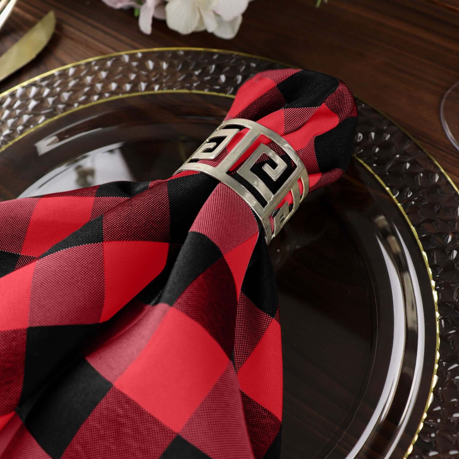 5 Pack Polyester 15"x15" Napkins Black/Red Buffalo Plaid Gingham Style Cloth Napkins