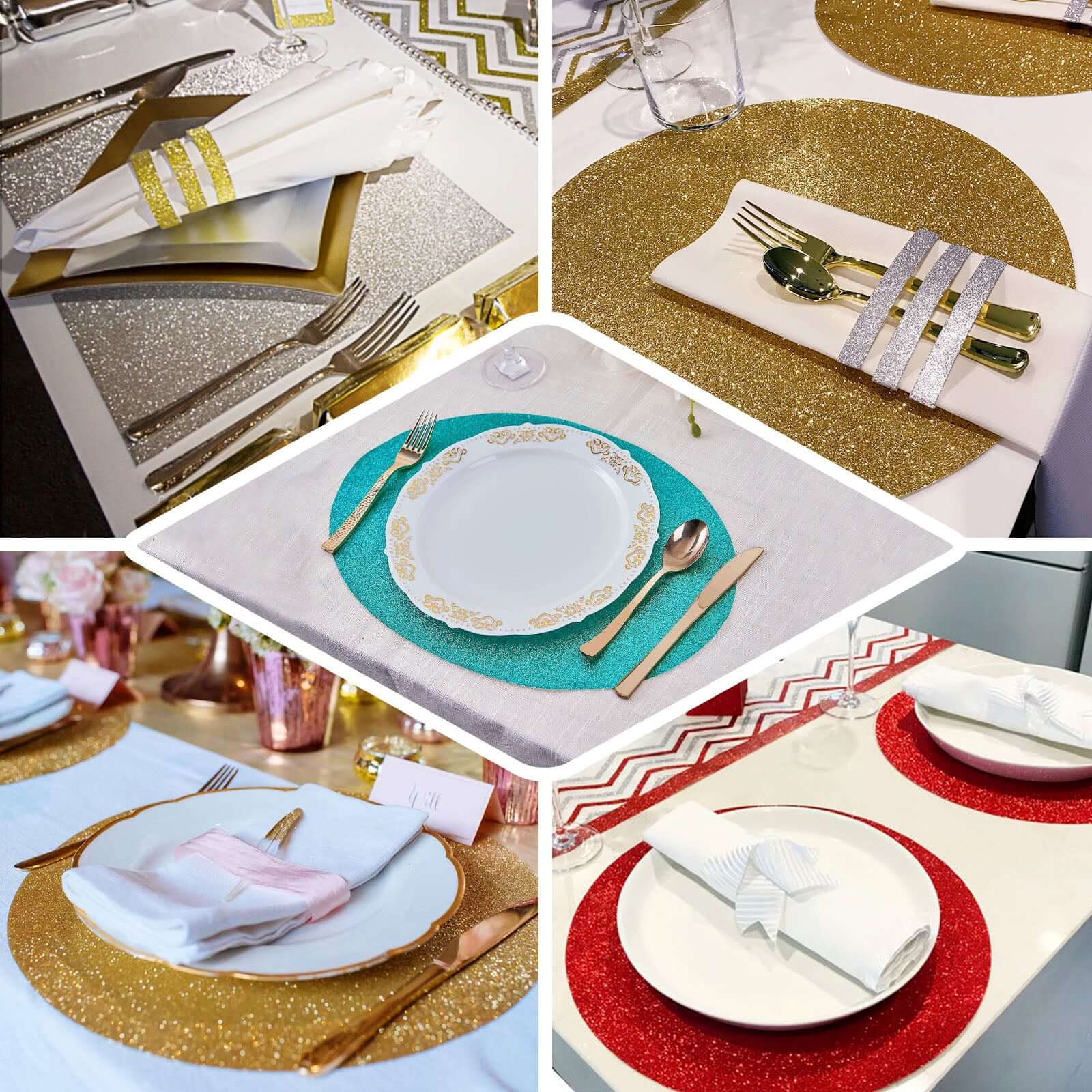 6 Pack Champagne Sparkle Vinyl Placemats, Non Slip Decorative Oval Glitter Table Mat
