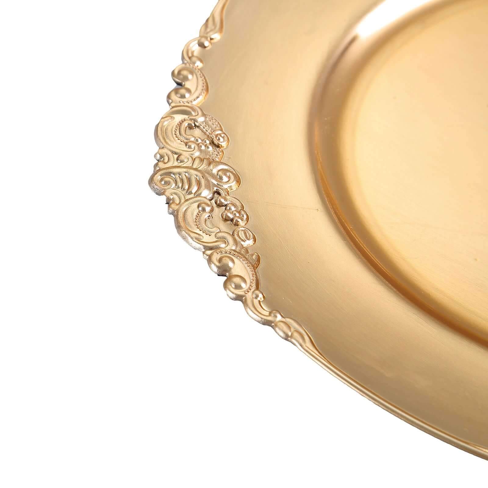 6-Pack Acrylic Round Charger Plates 13" in Gold with Embossed Baroque Rim, Antique Decorative Dinner Party Charger Tableware