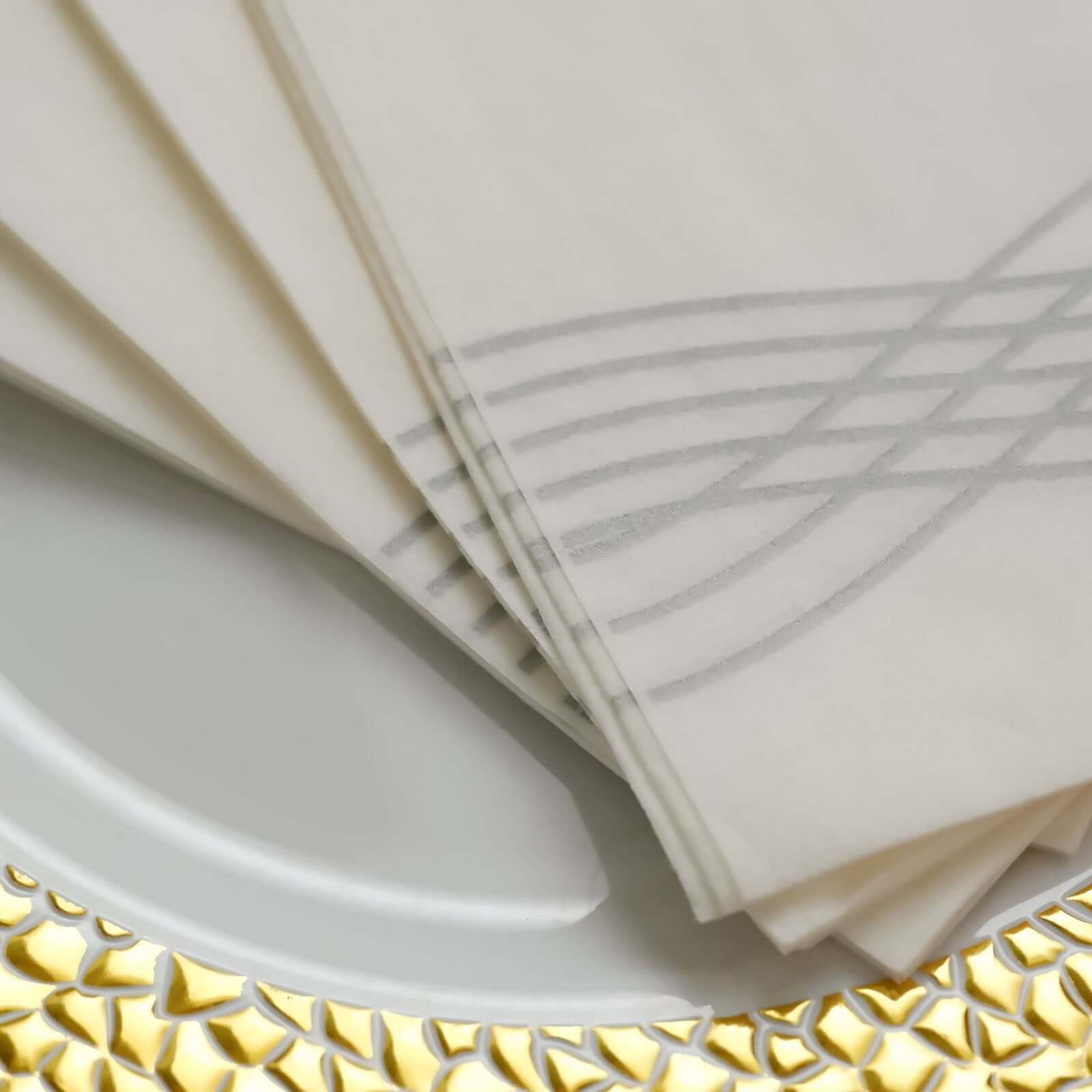 25 Pack Linen-Like Paper 8"x4" Napkins White with Metallic Silver Foil Wave Design - Soft & Absotbent Airlaid Hand Towels
