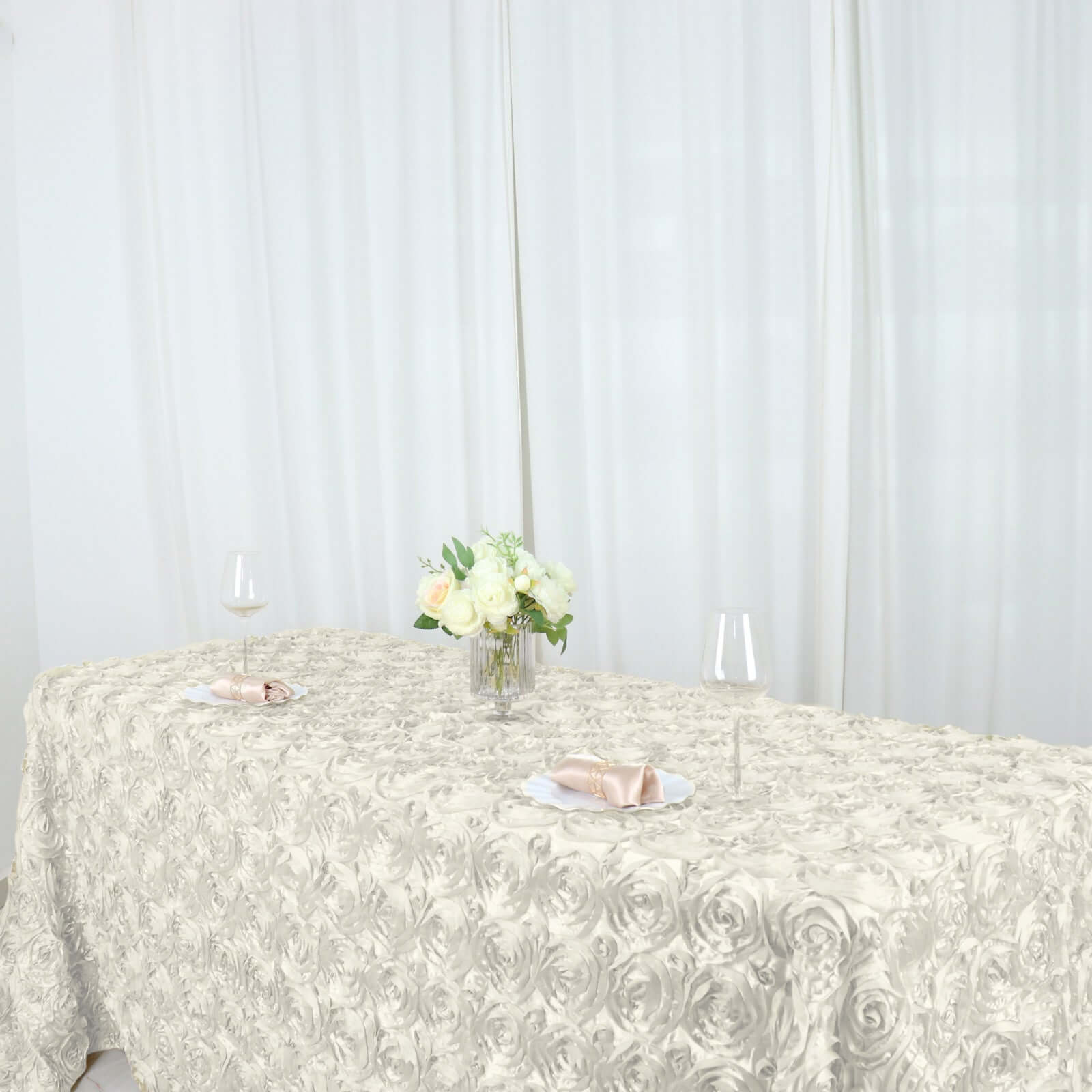 Satin 90"x132" Rectangle Tablecloth Ivory - Grandiose 3D Rosette Seamless Table Cover