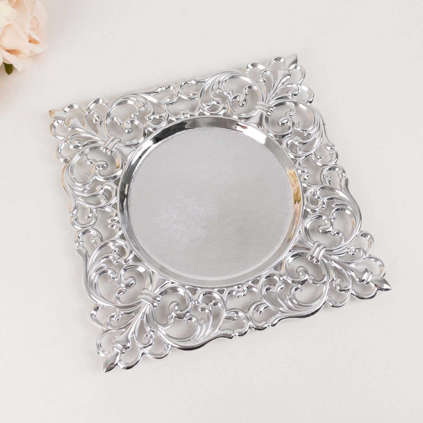 6-Pack Acrylic Square Charger Plates 12" in Silver with Hollow Lace Border, Event Tabletop Decorative Charger Tableware
