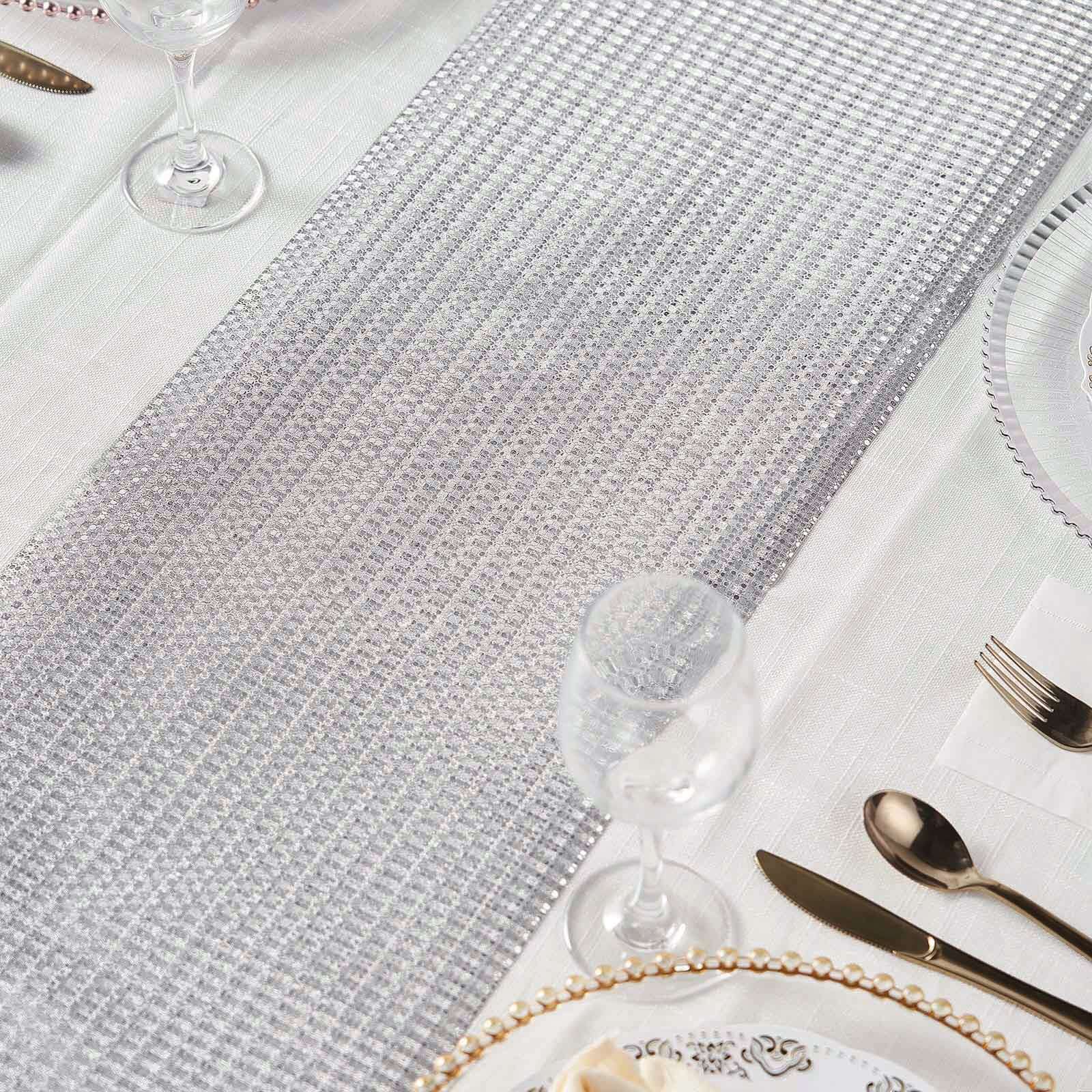 9ft Silver Glamorous Sequin Print Table Runner, Disposable Paper Table Runner