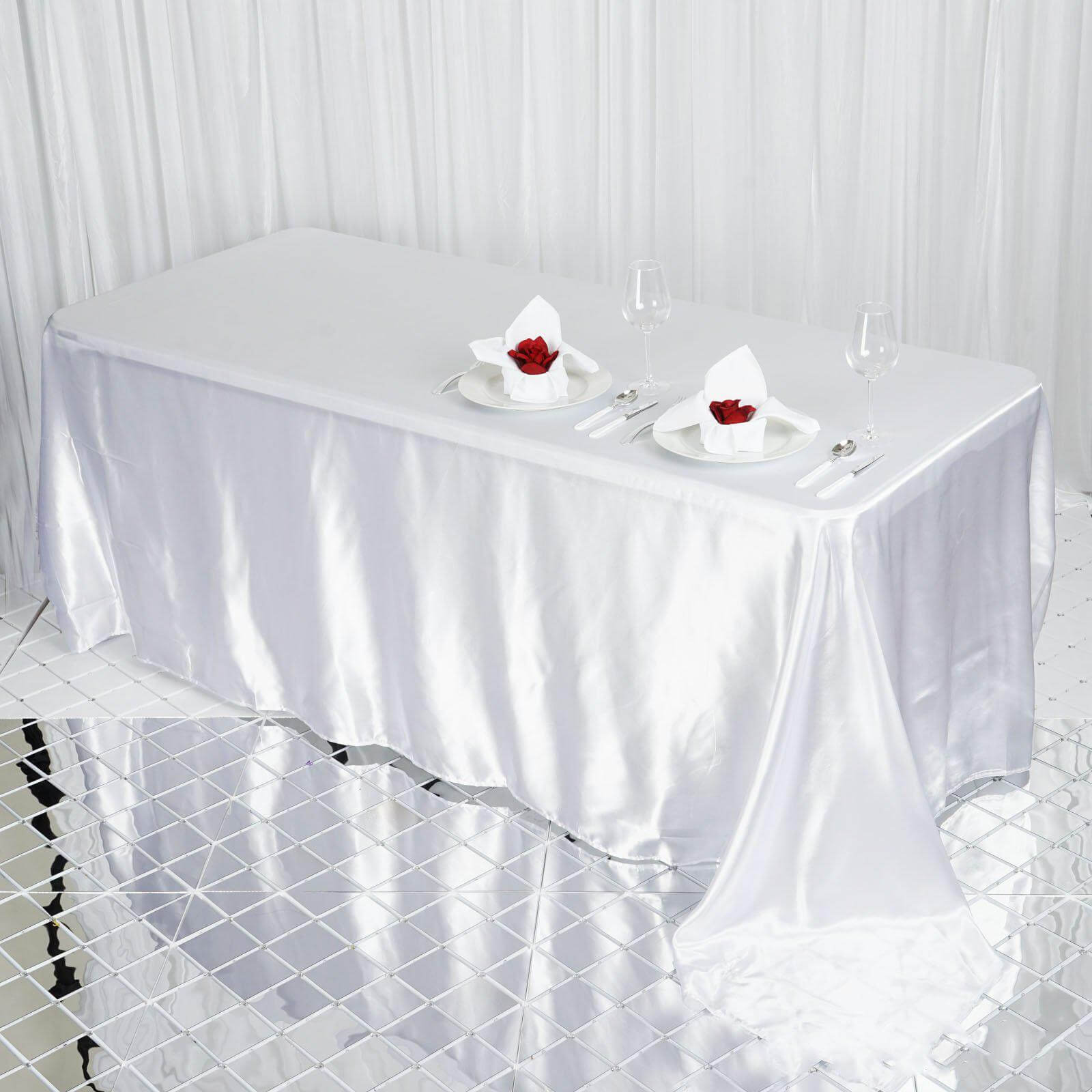 Satin Rectangular 90"x132" Tablecloth White Satin - Seamless Stylish Table Cover for Weddings and Parties