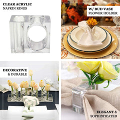 4-Pack Acrylic Napkin Rings 2-in-1 Square Mini Bud Vase Clear - Decorative Flower Napkin Holders for Table Settings