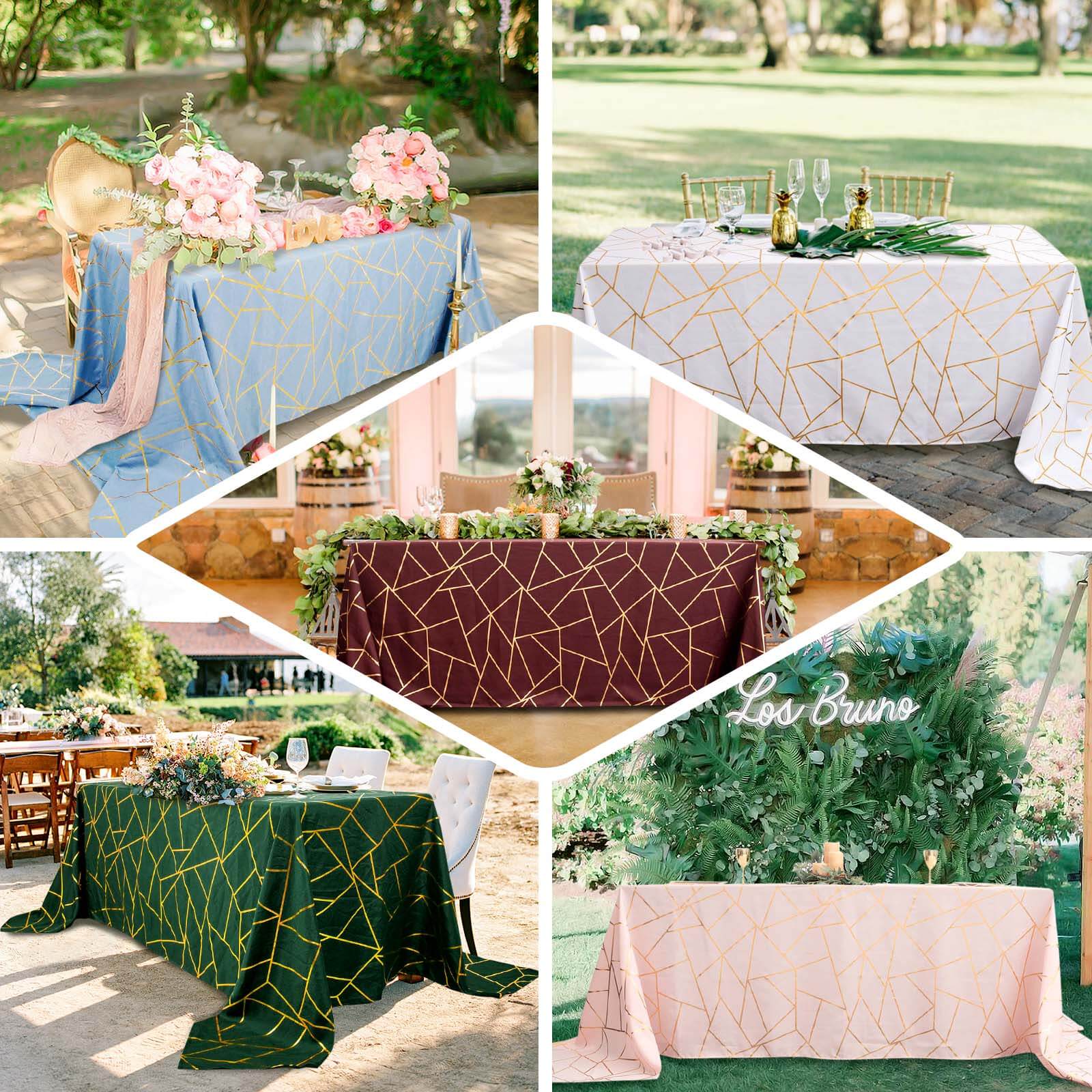 90"x132" Peacock Teal Seamless Rectangle Polyester Tablecloth With Gold Foil Geometric Pattern for 6 Foot Table With Floor-Length Drop