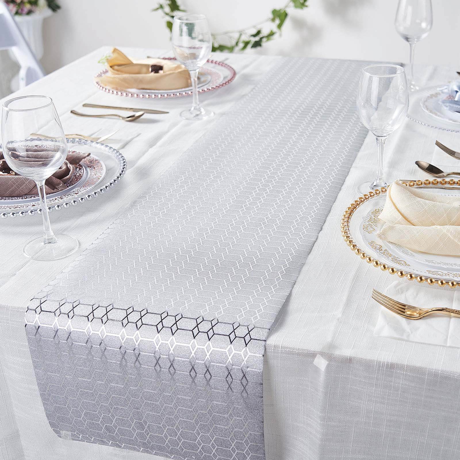 Glitter Paper 9ft Table Runner Roll Silver Disposable Geometric Honeycomb Pattern Table Decor