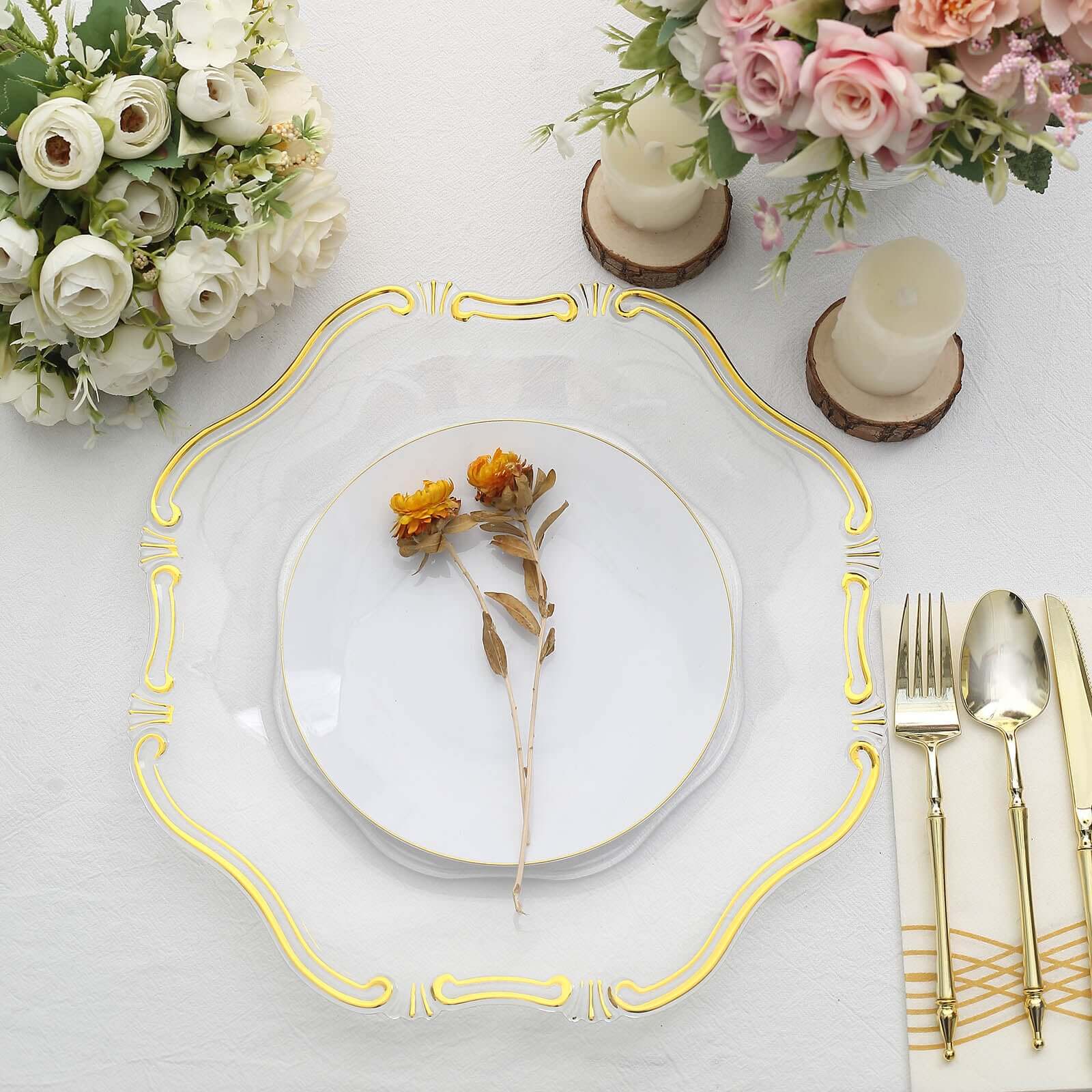 6-Pack Acrylic Plastic Hexagon Charger Plates 13" in Clear with Gold Baroque Scalloped Rim, Exquisite Dinner Serving Plates