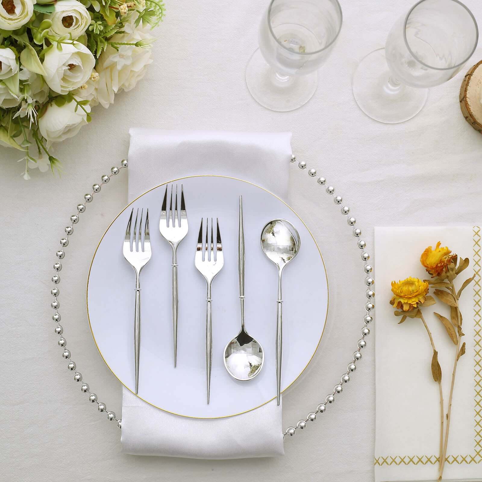 24-Pack Plastic Fork and Spoon Set Metallic Silver - Heavy Duty Disposable Modern Utensils 6"