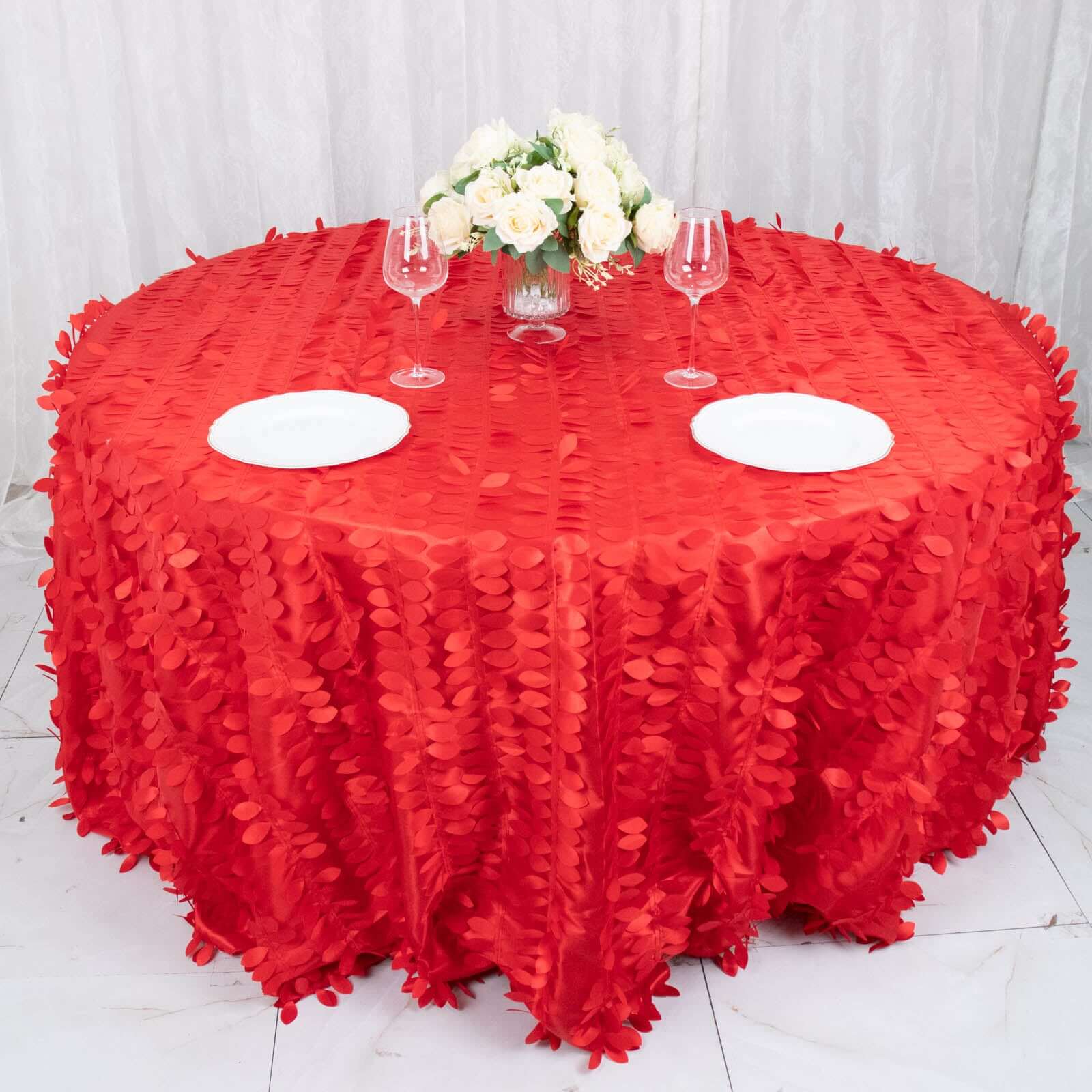 Taffeta 132" Round Tablecloth Red Leaf | 3D Leaf Petal Design Seamless Table Cover