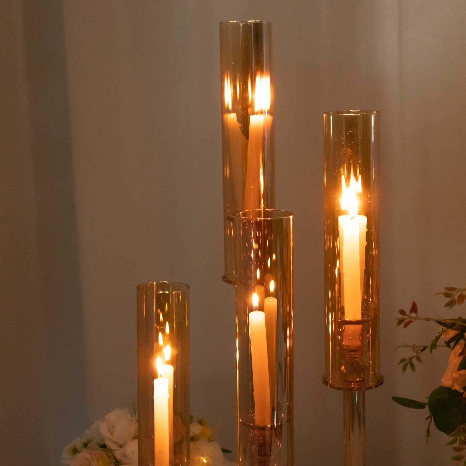 Set of 4 Crystal Glass Hurricane Taper Candle Holders, Decorative Tall Candle Stands Gold Cylinder Chimney Tubes 14", 18", 22", 26"