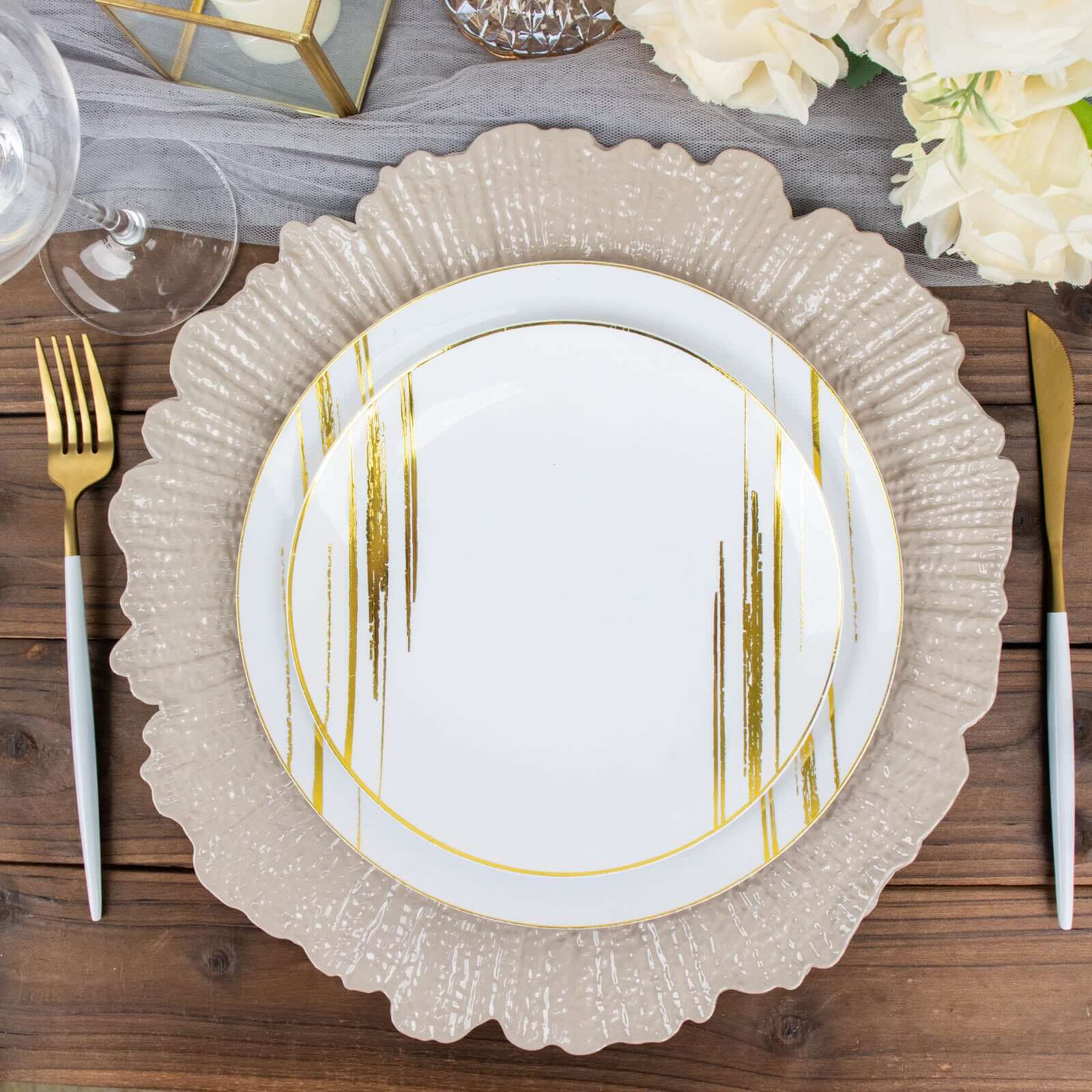 6-Pack Acrylic Plastic Round Charger Plates 13" in Taupe with Reef Design, Dinner Charger Tableware