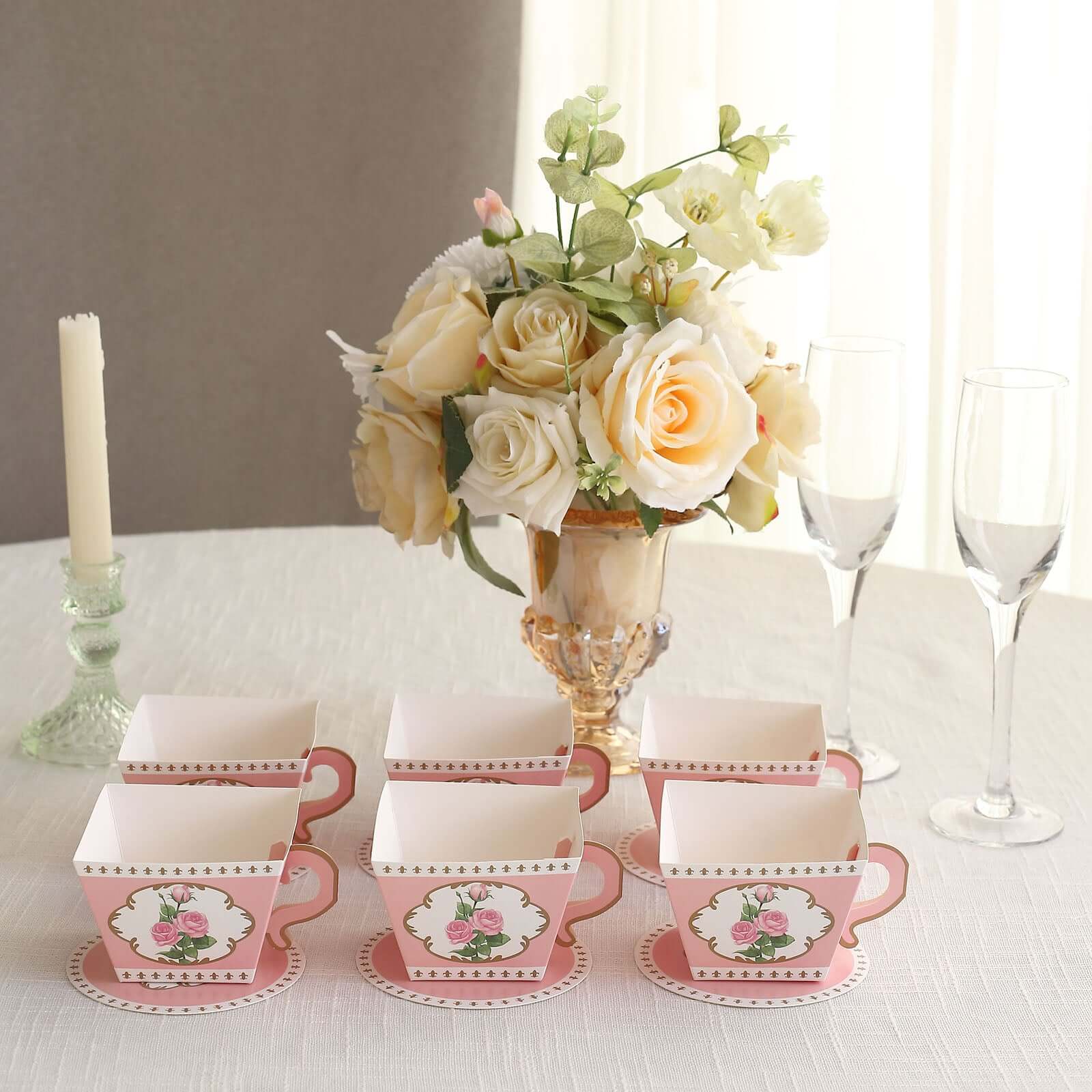 25 Pack Dusty Rose Mini Teacup and Saucer Party Favor Boxes with Rose Floral Print, Tea Time Candy Boxes - 4"x3"
