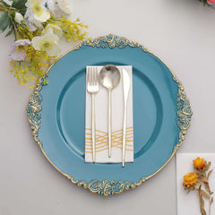 6-Pack Acrylic Round Charger Plates 13" in Peacock Teal with Gold Embossed Baroque Rim, Antique Decorative Dinner Party Charger Tableware