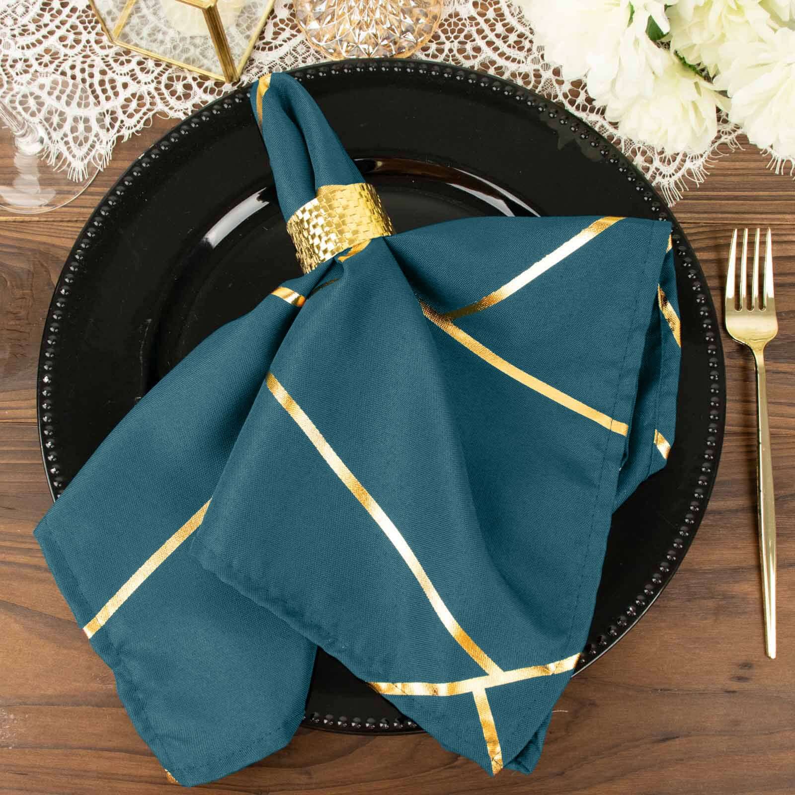 5 Pack Polyester 20"x20" Napkins Peacock Teal with Gold Geometric Foil Pattern - Modern Reusable Dinner Napkins