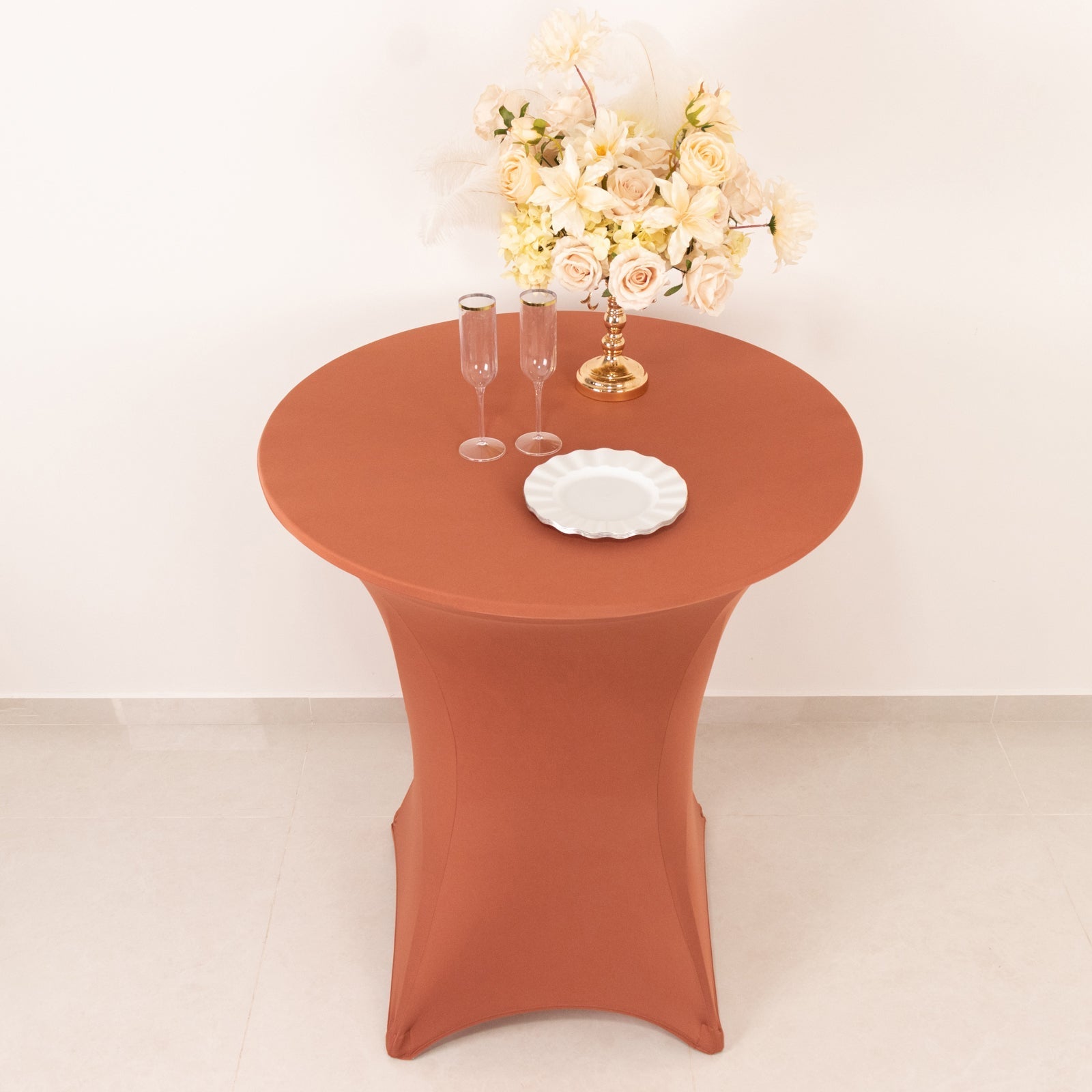 Spandex 33"-36" Round Cocktail Table Cover Terracotta (Rust) - Easy to Maintain Stretch Fitted Highboy Tablecloth
