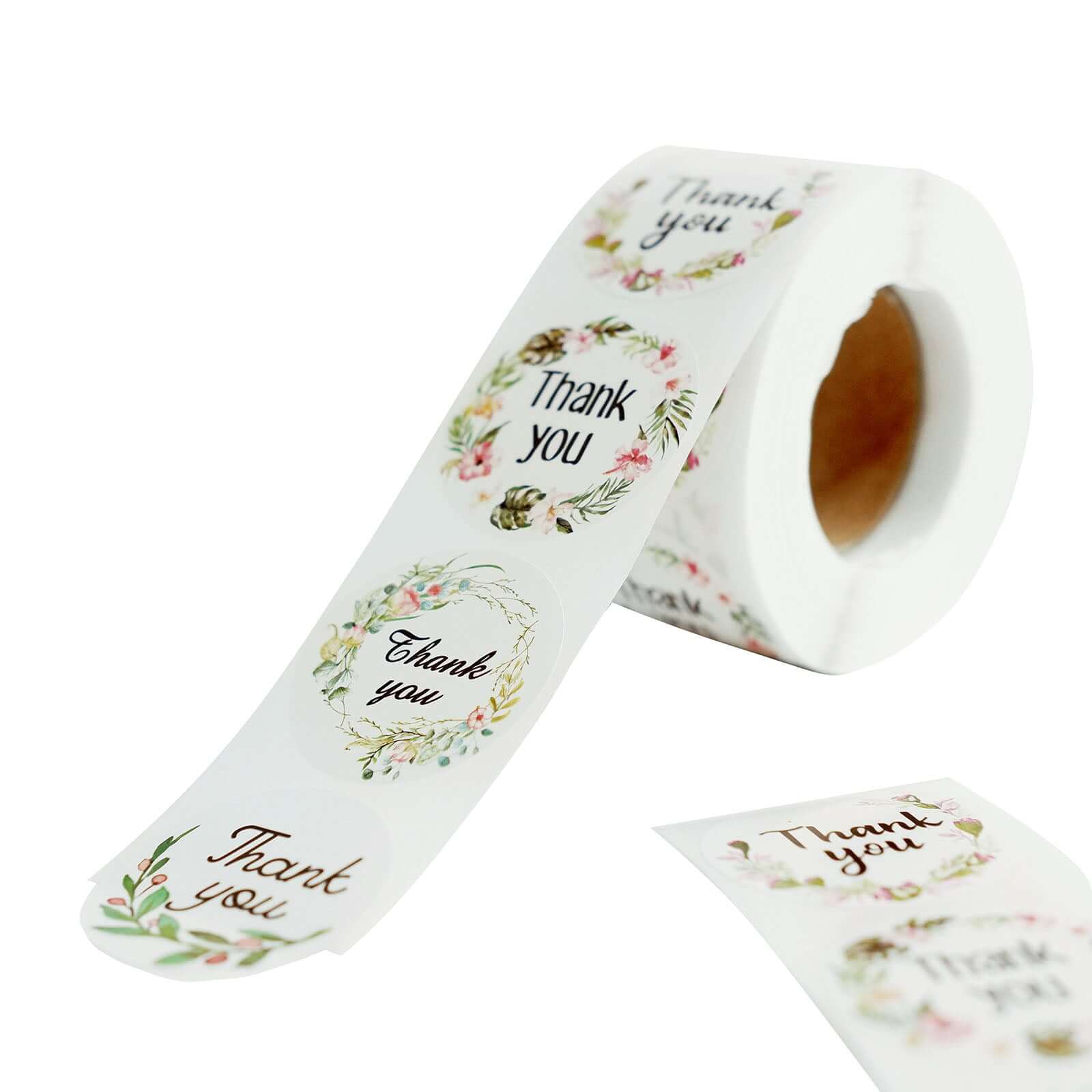 500Pcs 1.5" Thank You Black Print and Floral Design Stickers Roll, DIY Envelope Seal Labels - Round Assorted Designs