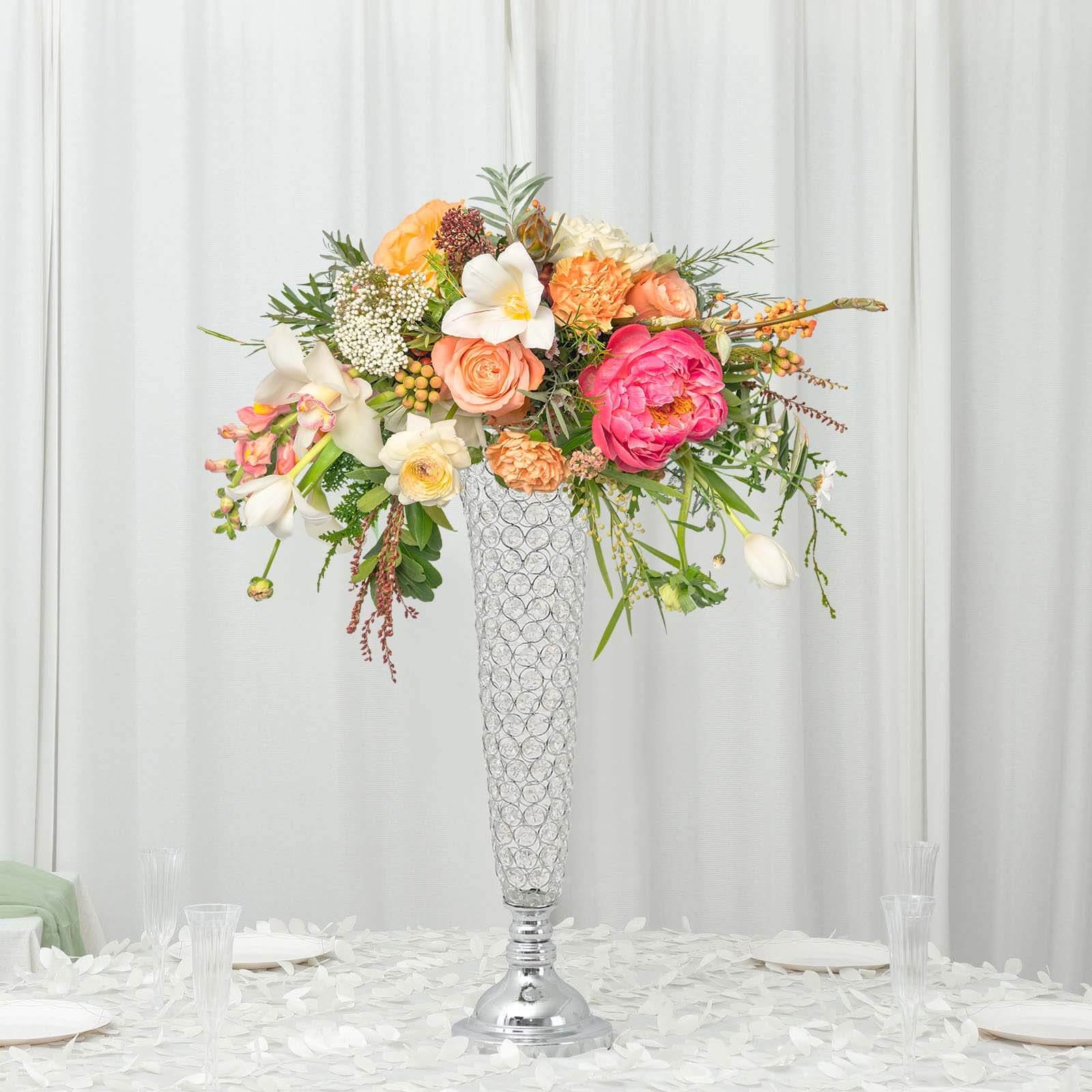 3-Pack Crystal Beaded Trumpet Vase Silver - Exquisite Floral Display Centerpiece Stand Set for Banquets & Receptions 28" Tall
