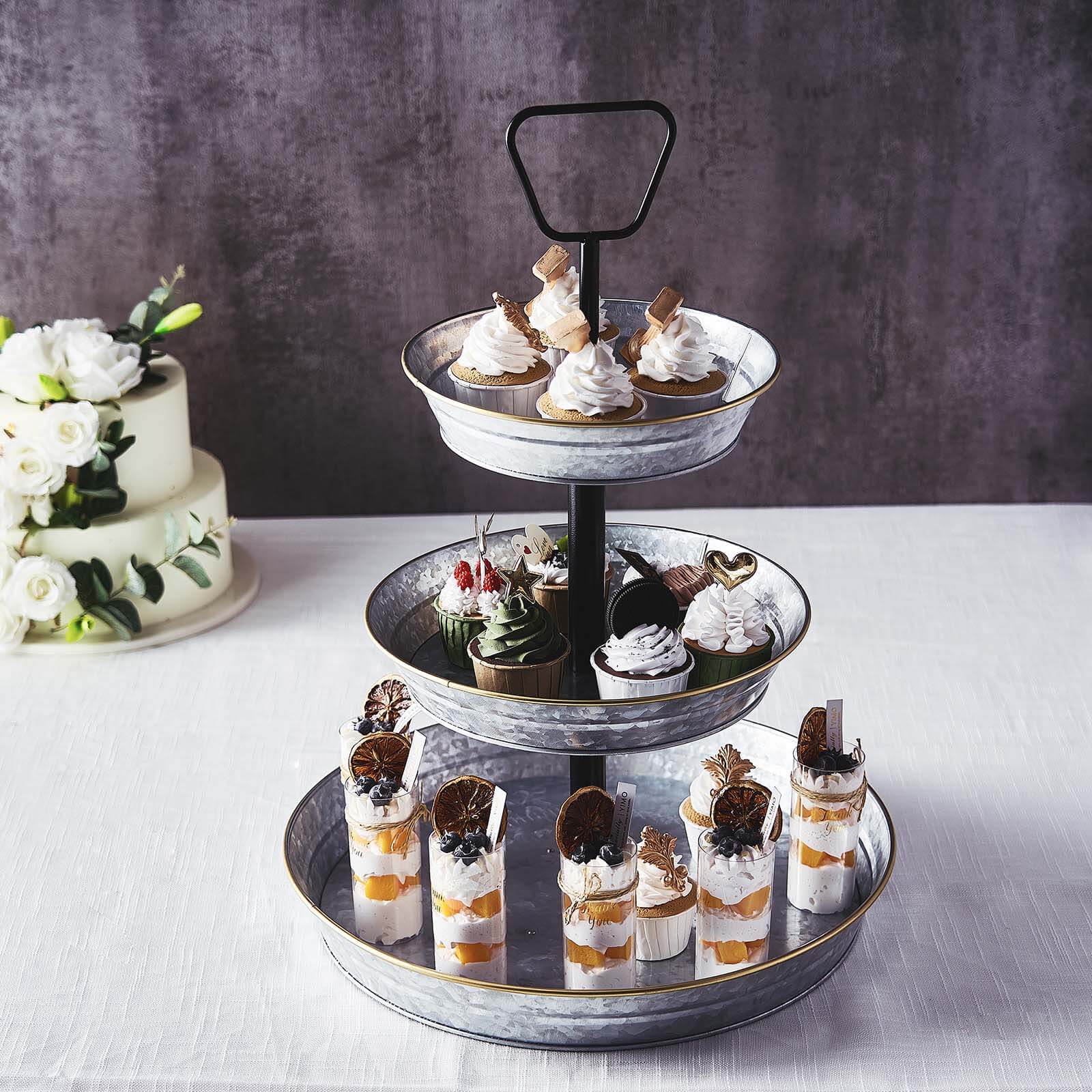 3-Tier Galvanized Metal Cupcake Stand 20" Silver - Sturdy Dessert Serving Tray Platter for Rustic Themed Weddings Backyard Parties & Holiday Spreads