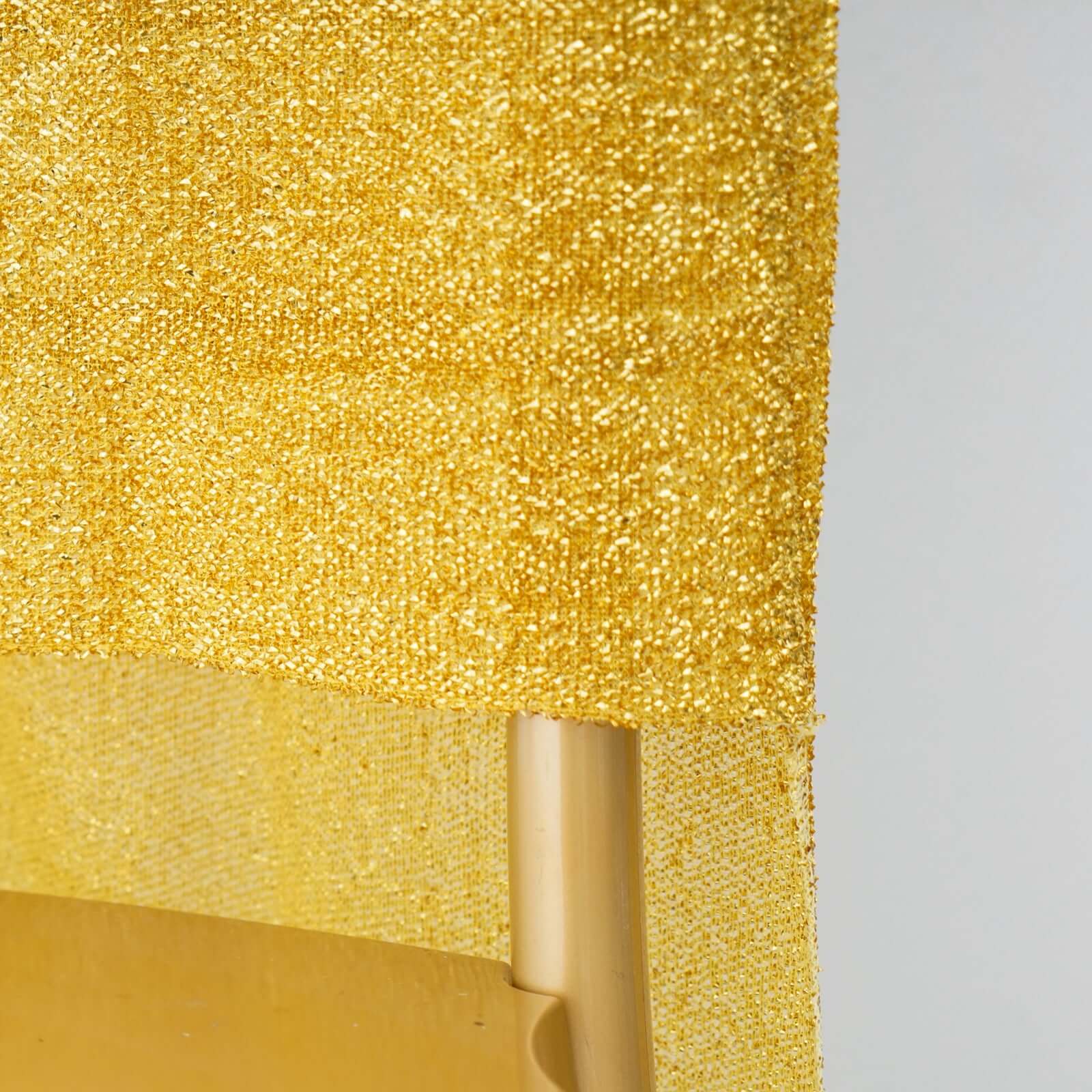 Stretch Spandex Chair Back Slipcover with Metallic Shimmer Tinsel Gold - Durable Chiavari Chair Back Cover for Glamorous Event Settings