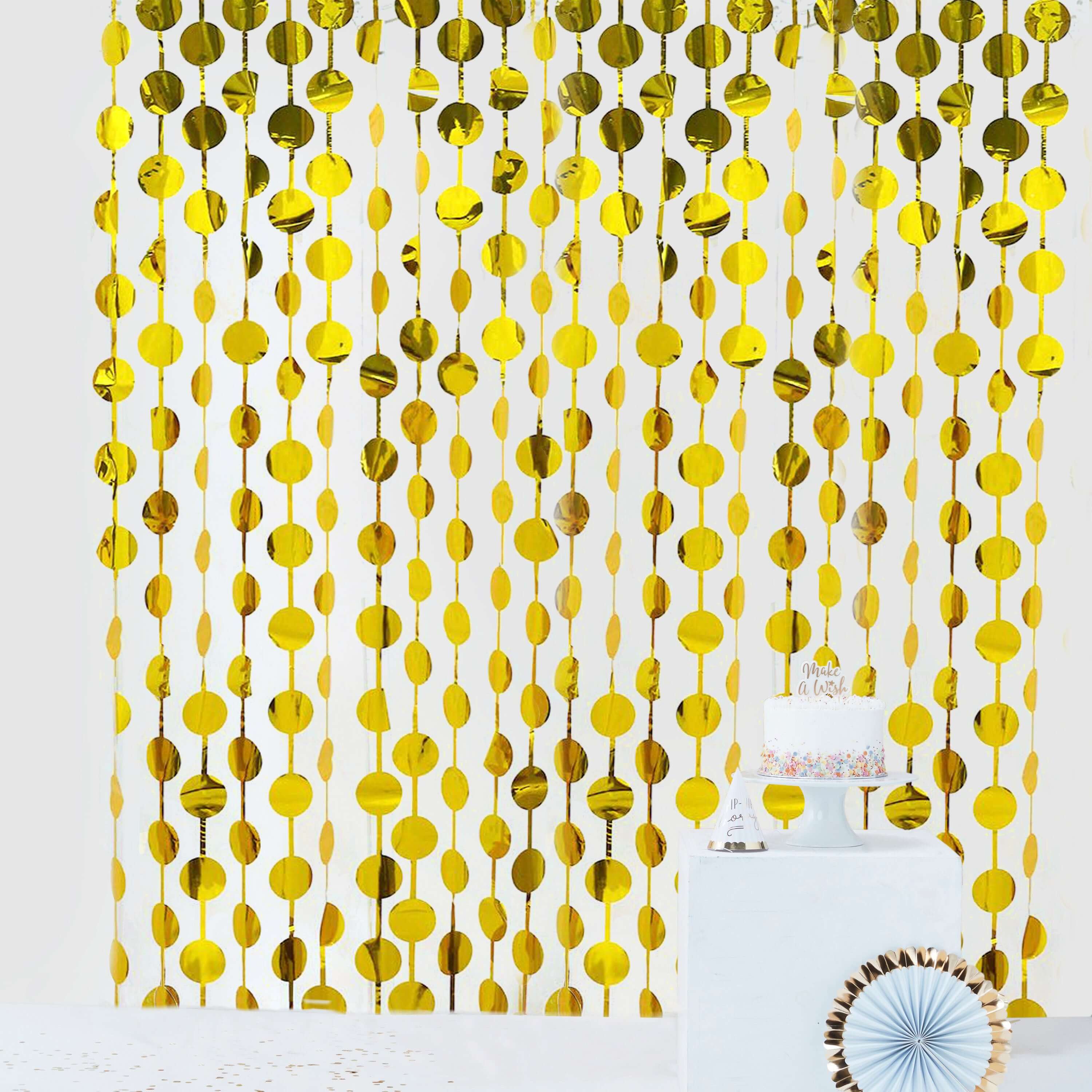 Gold Round Chain Foil Fringe Curtain Party Backdrop, Metallic Gold Tinsel Streamer Party Decor - Door Window Foil Curtain - 3ftx6.5ft