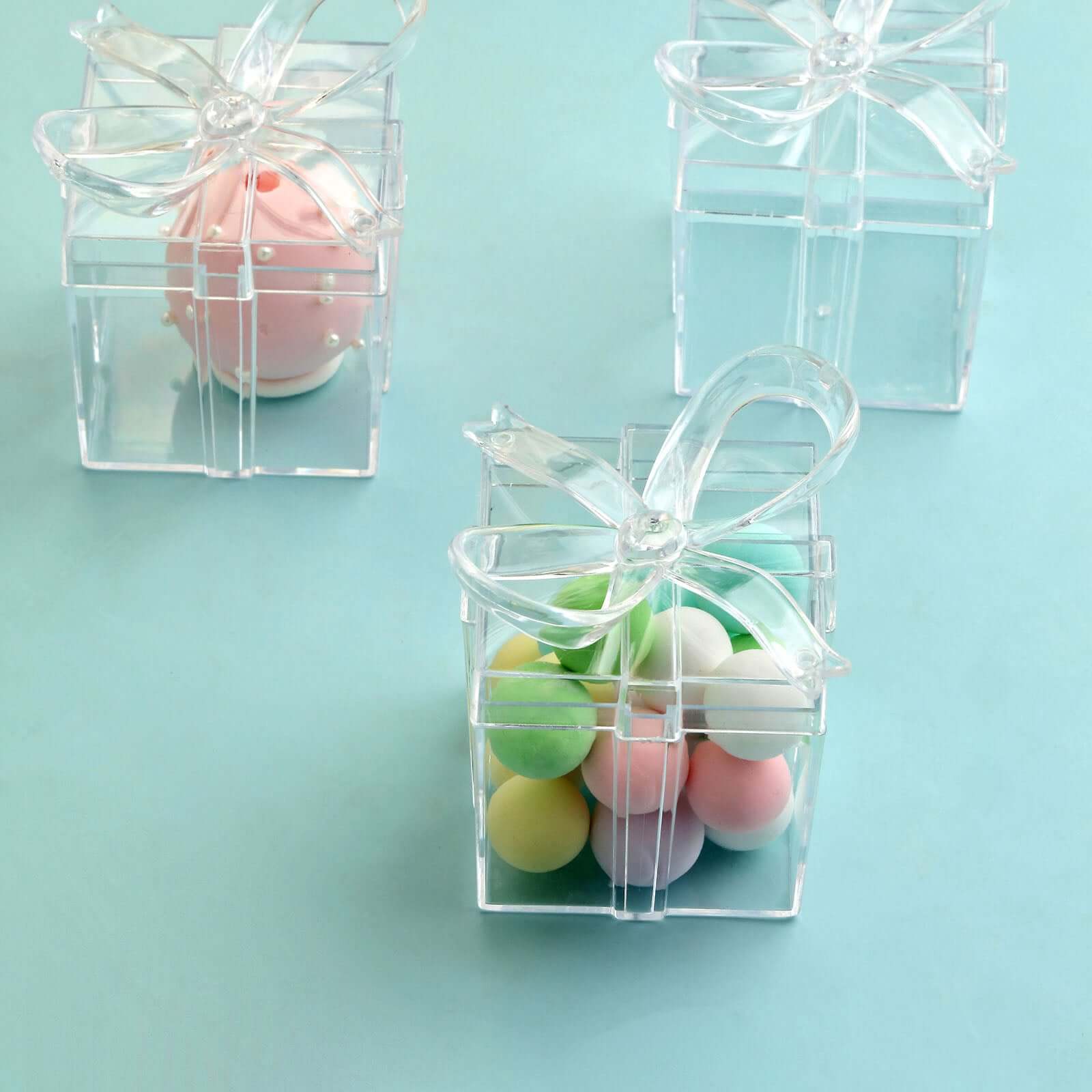 12 Pack 3" Square Clear Bow Top Plastic Party Favor Boxes, Transparent Candy Container Gift Boxes