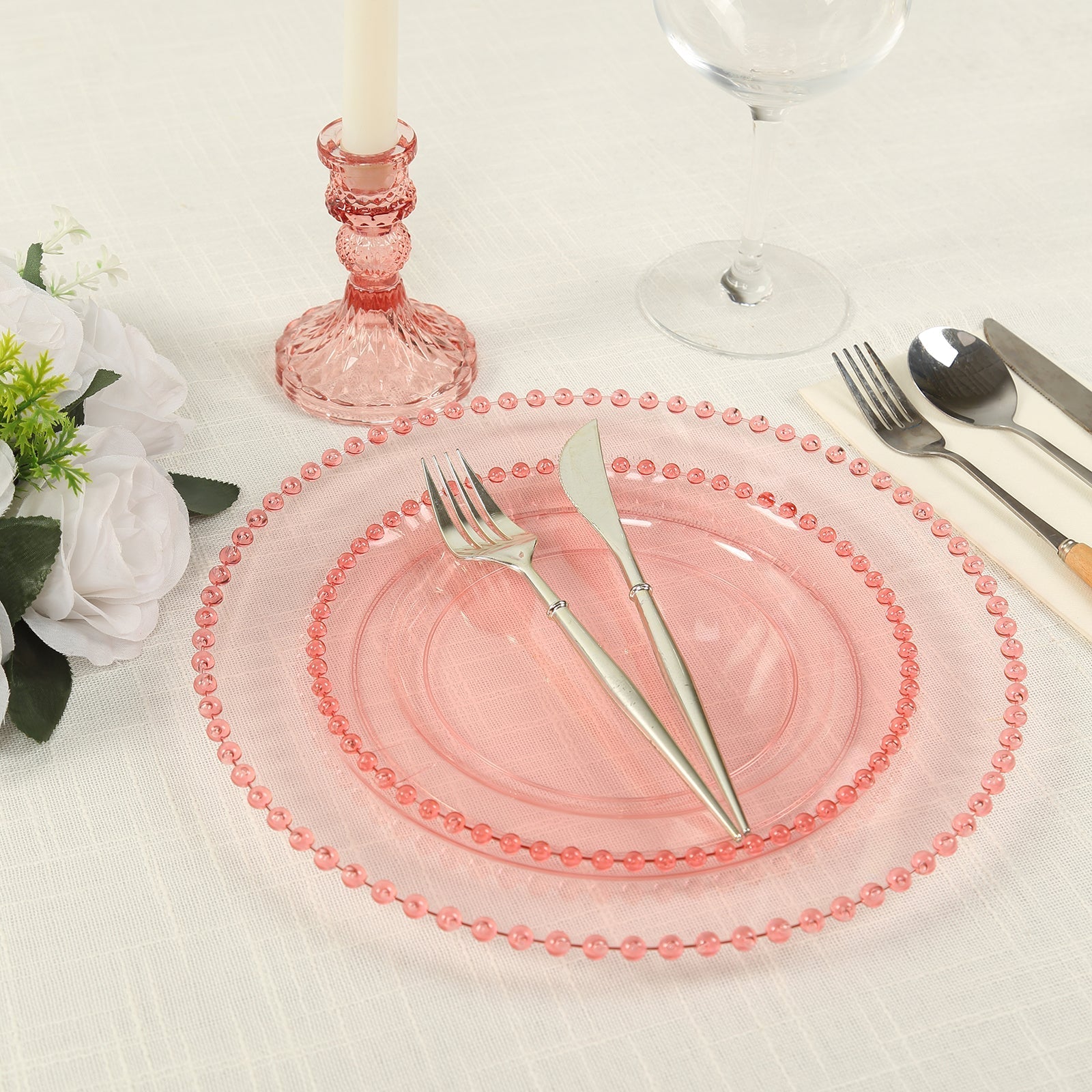 10-Pack Transparent Blush Plastic Dessert Plates – 8" Round with Beaded Rim, Disposable for Parties & Events